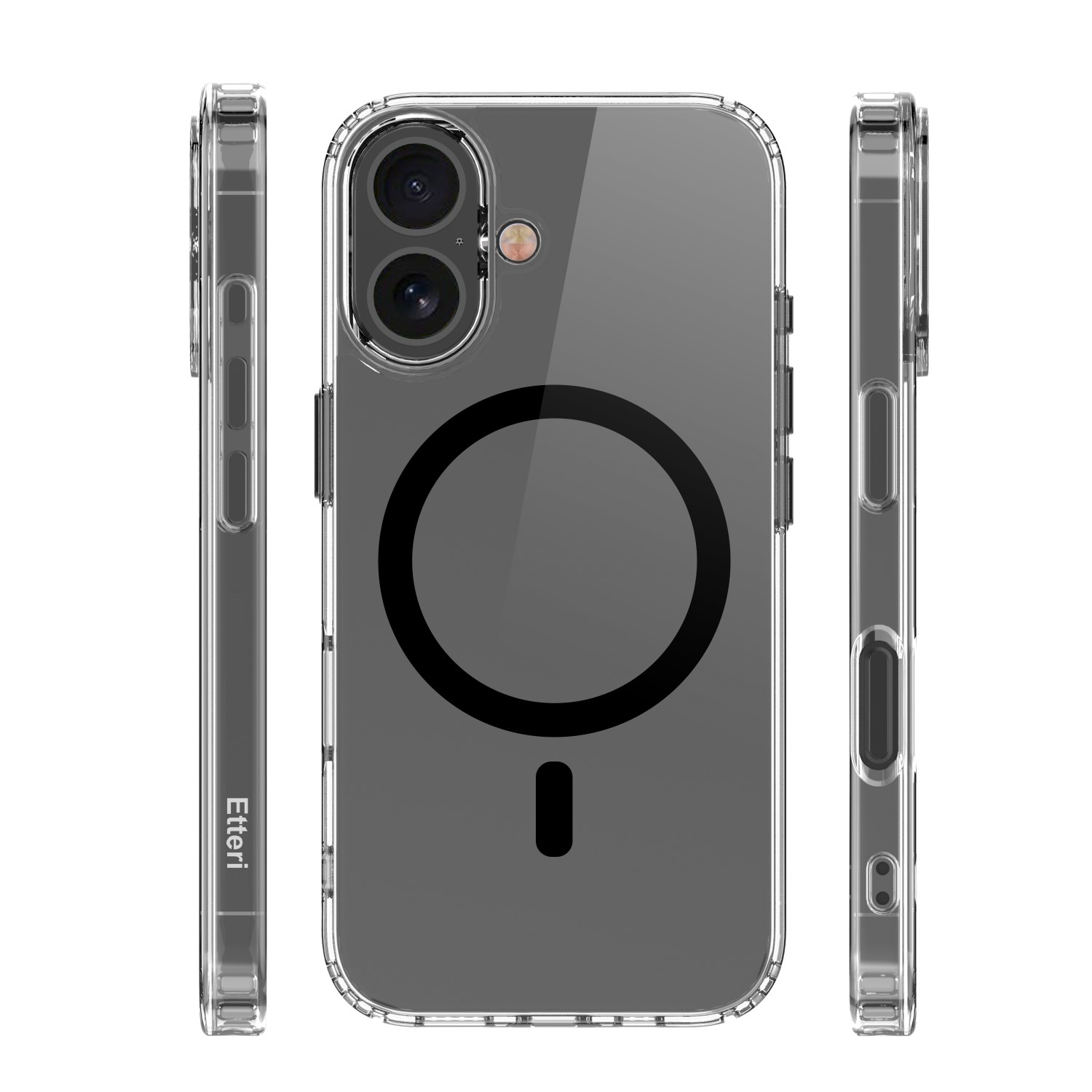 Tre custodie trasparenti per iPhone. Sono trasparenti con un cerchio nero e un segno meno al centro.