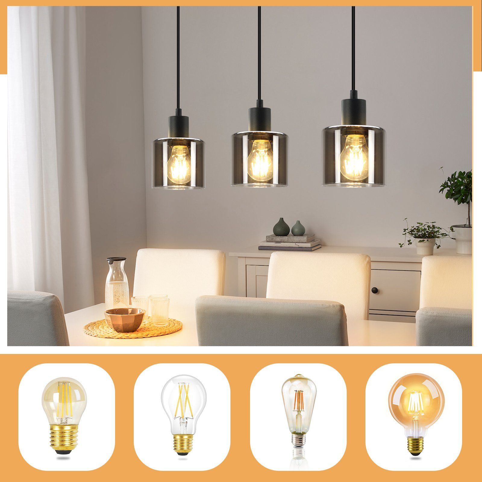 Tre lampade a sospensione con lampadine Edison sopra un tavolo. Sotto sono esposti quattro diversi stili di lampadine.