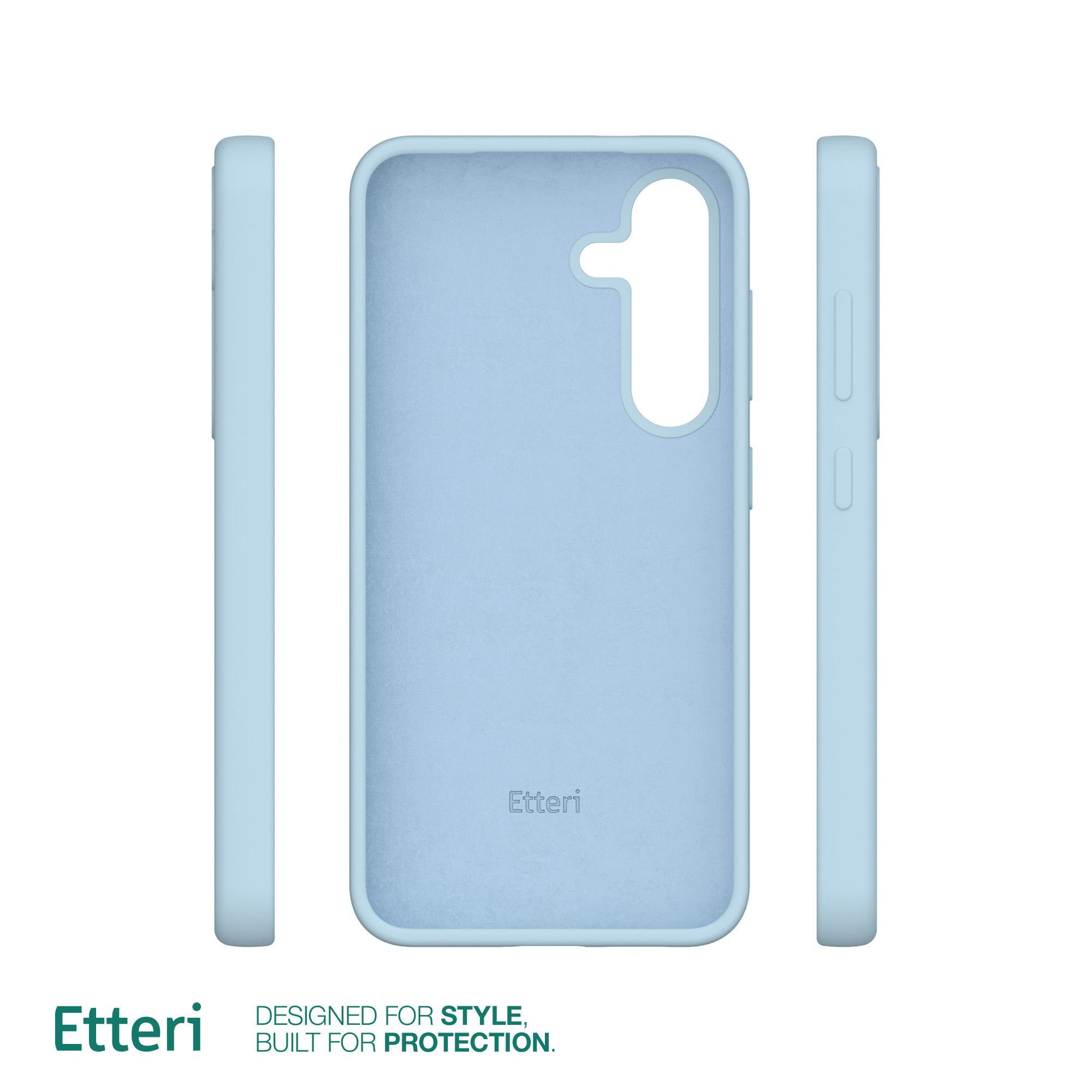 Tre custodie per telefono: vista laterale, posteriore e frontale. Il colore è azzurro.