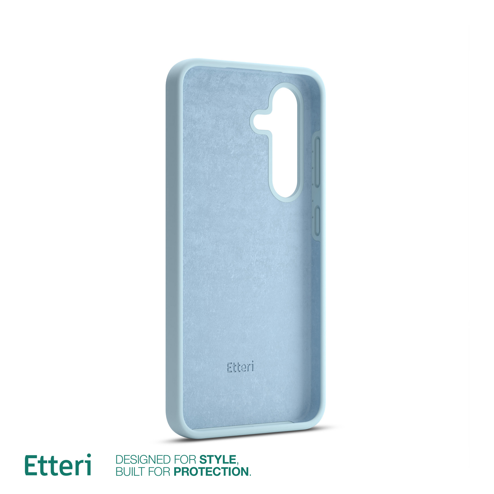 Custodia per telefono azzurro. All'interno è presente il marchio 'Etten' e un foro per una singola fotocamera.