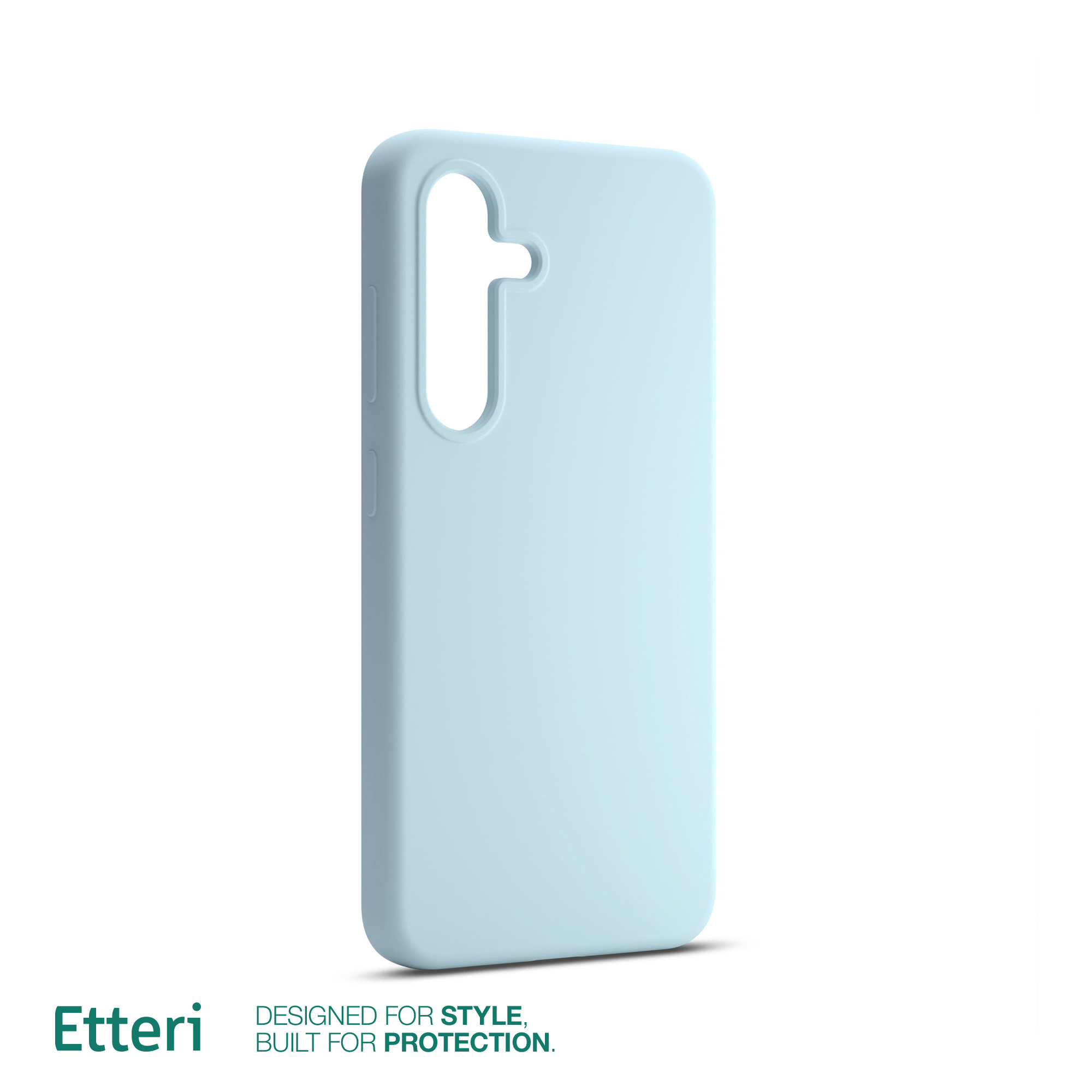 Custodia per telefono azzurra con foro per fotocamera, marchio Etteri in basso su sfondo bianco.