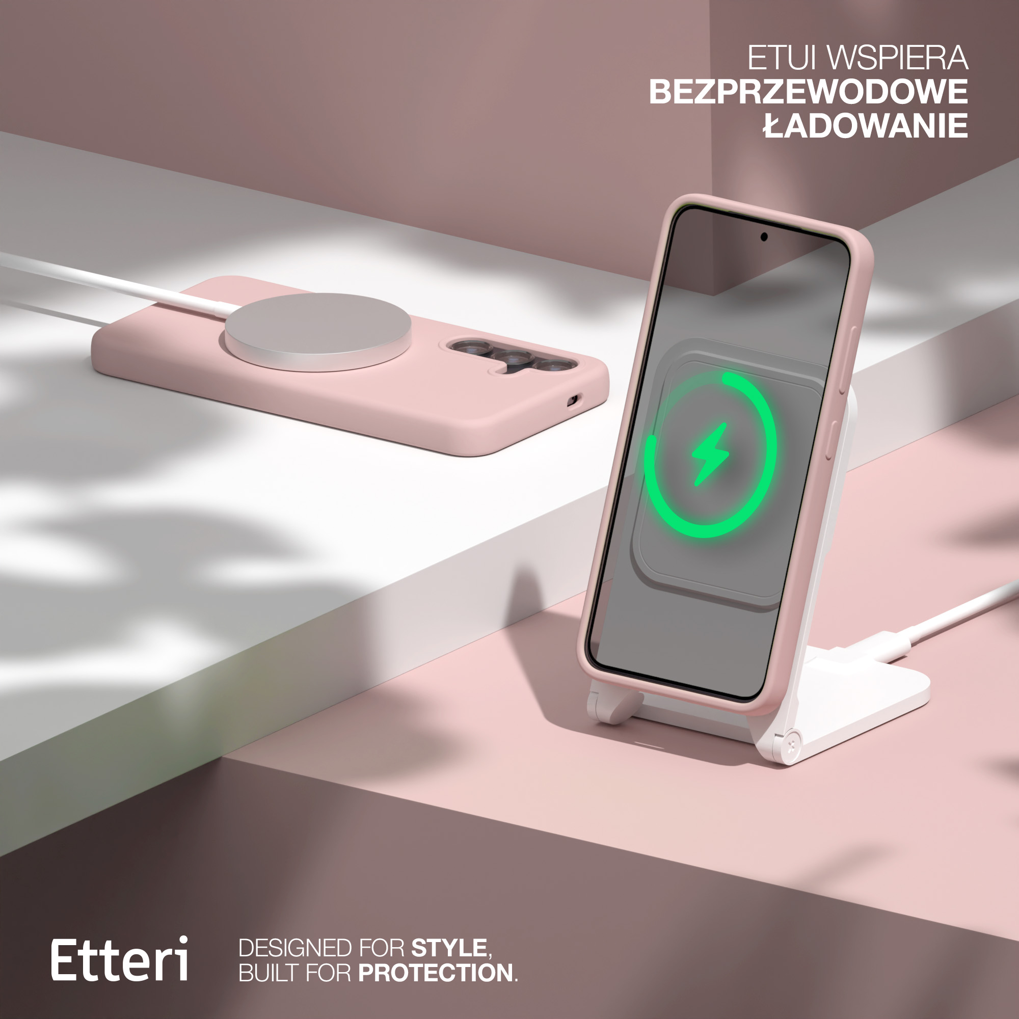 Custodia rosa che si carica su un caricabatterie wireless e telefono su supporto.