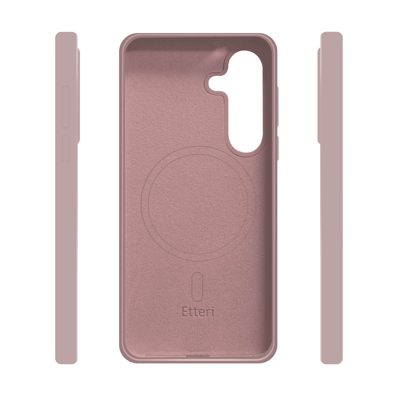Custodia rosa per telefono con ritaglio per fotocamera e anello al centro su sfondo bianco.