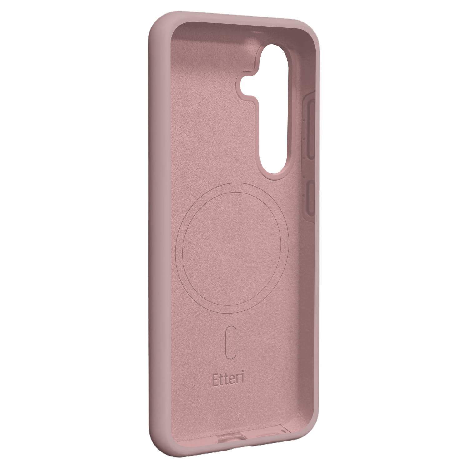 Custodia rosa per telefono con ritaglio per fotocamera e un cerchio. Sfondo bianco.