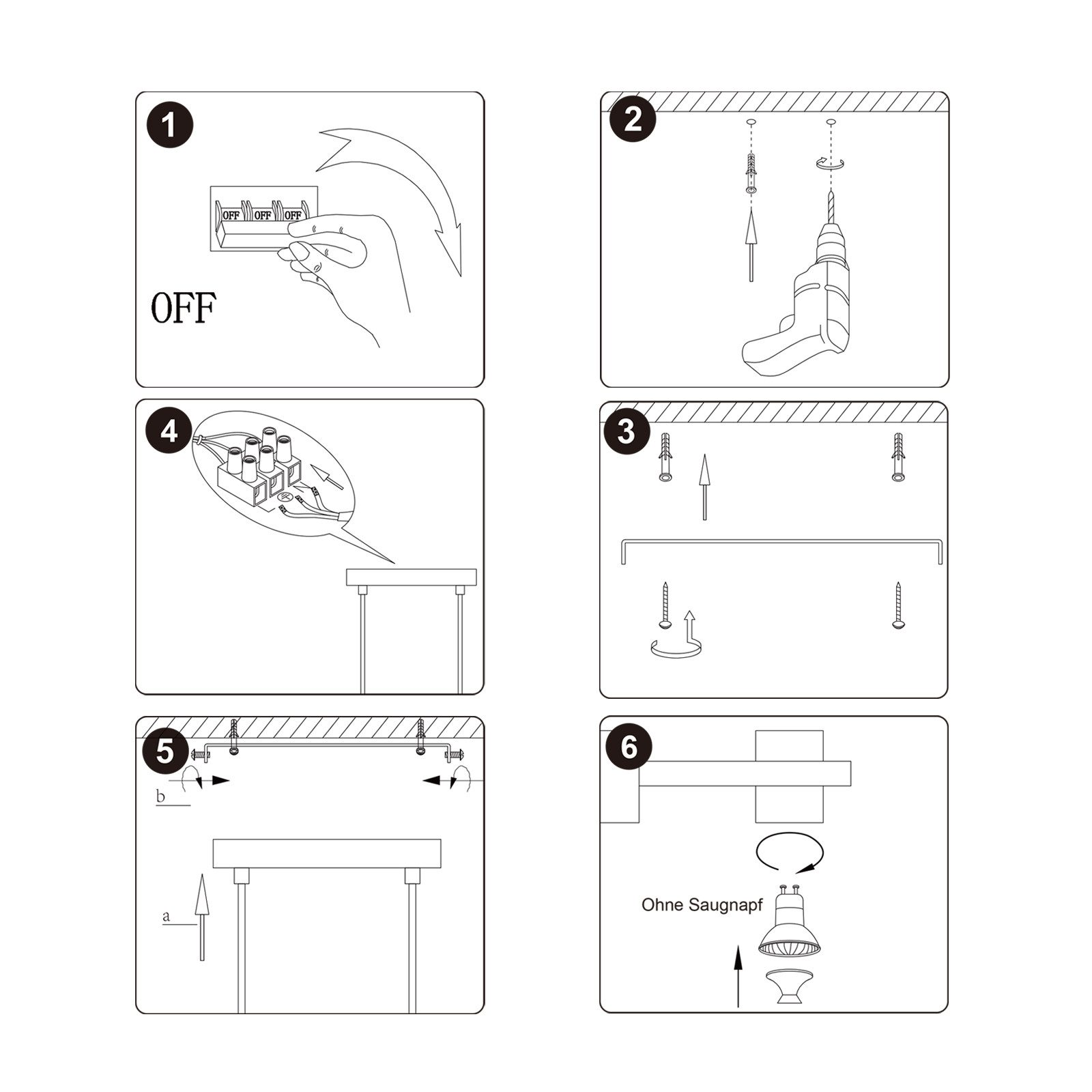 Instrukcje instalacji lampy sufitowej z diagramami pokazującymi kroki 1-6, z tekstem i ilustracjami.