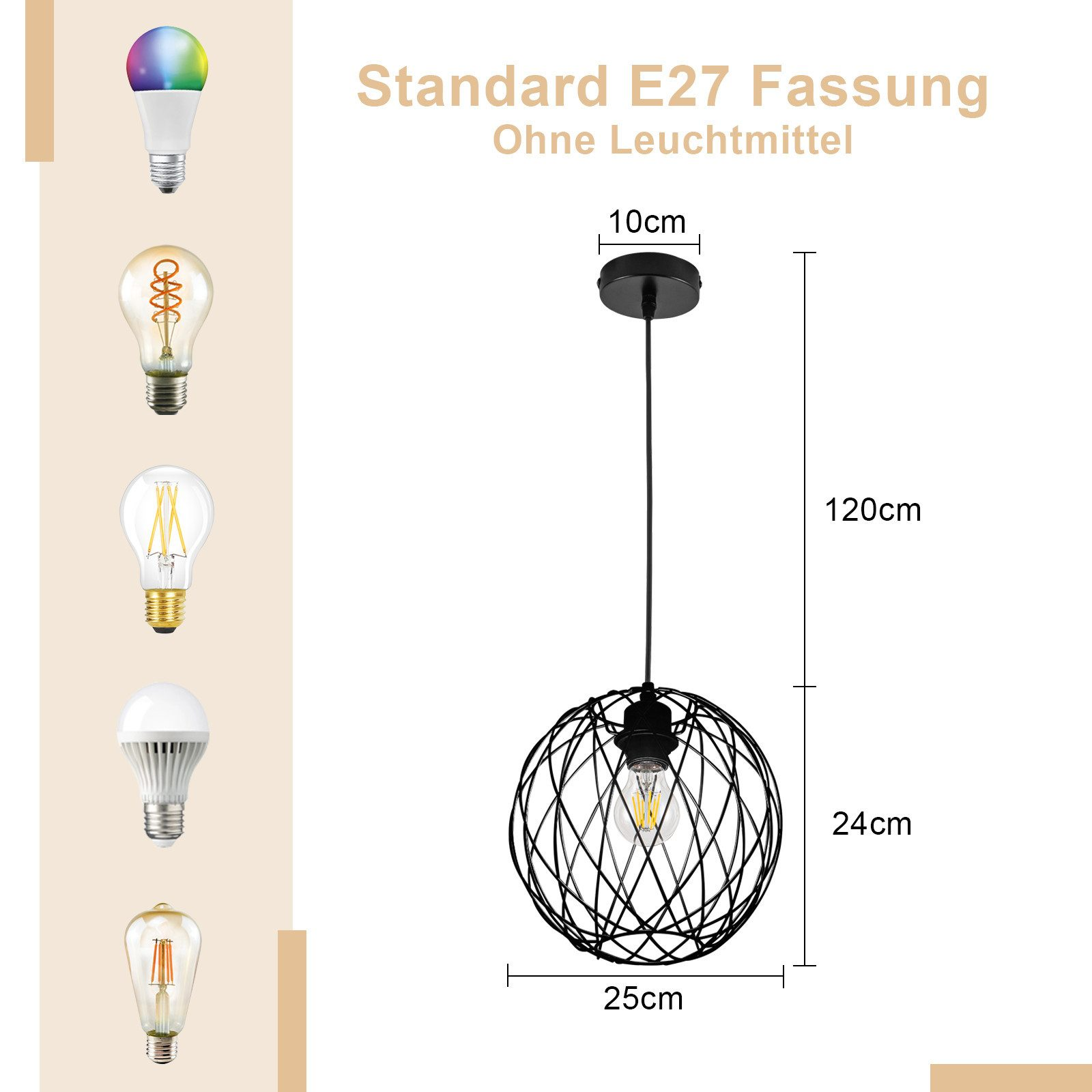 Una lampada a sospensione nera con paralume a filo, che mostra dimensioni e tipi di lampadine.