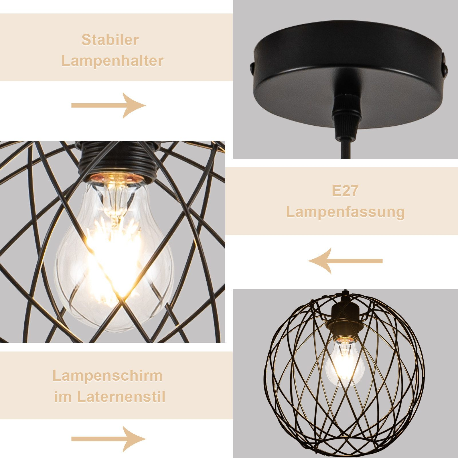 Primo piano di una lampada a sospensione a filo con una lampadina all'interno. Le frecce indicano le parti e descrivono le caratteristiche.