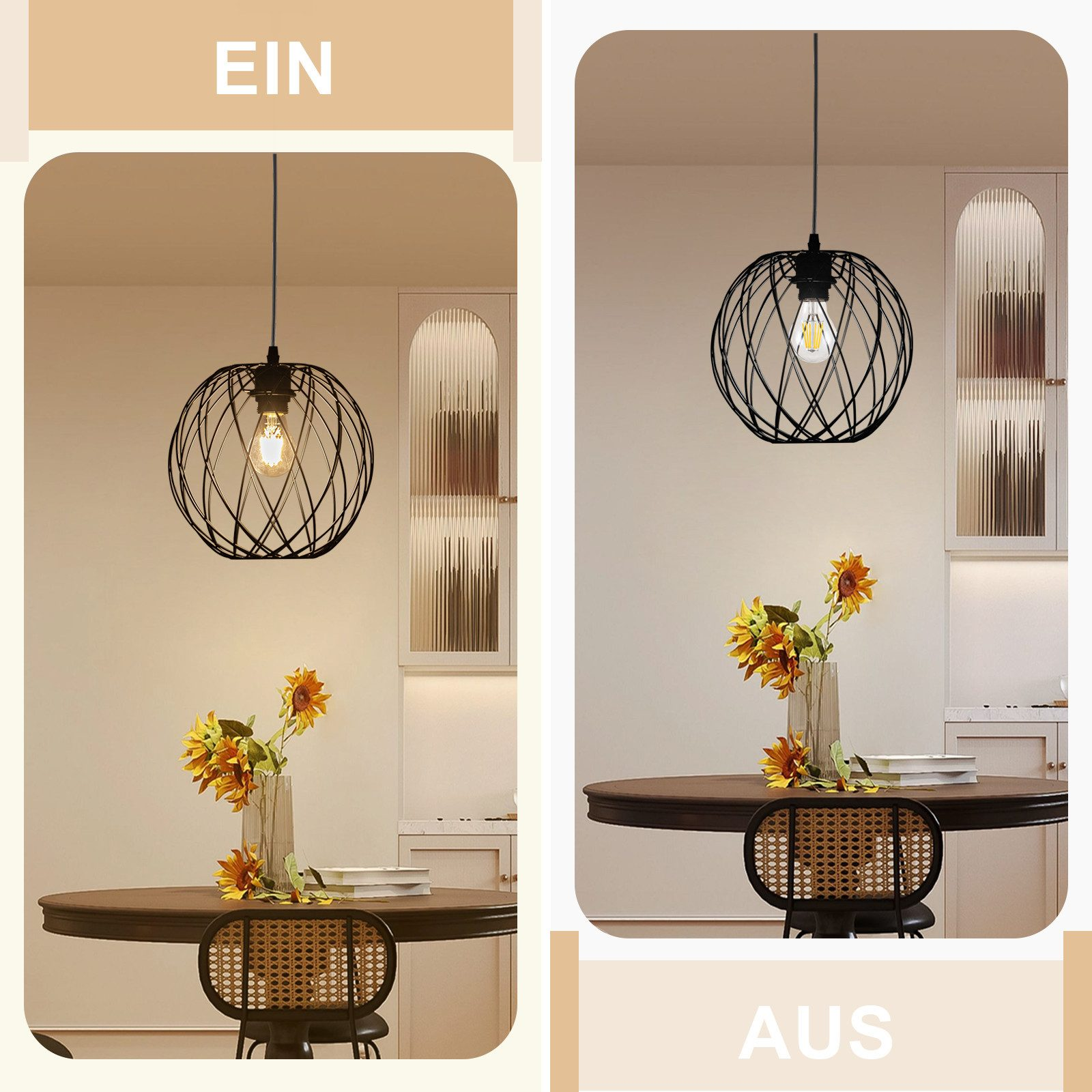 Zwei nebeneinanderliegende Bilder einer beleuchteten und unbeleuchteten Pendelleuchte mit Sonnenblumen in einer Vase.