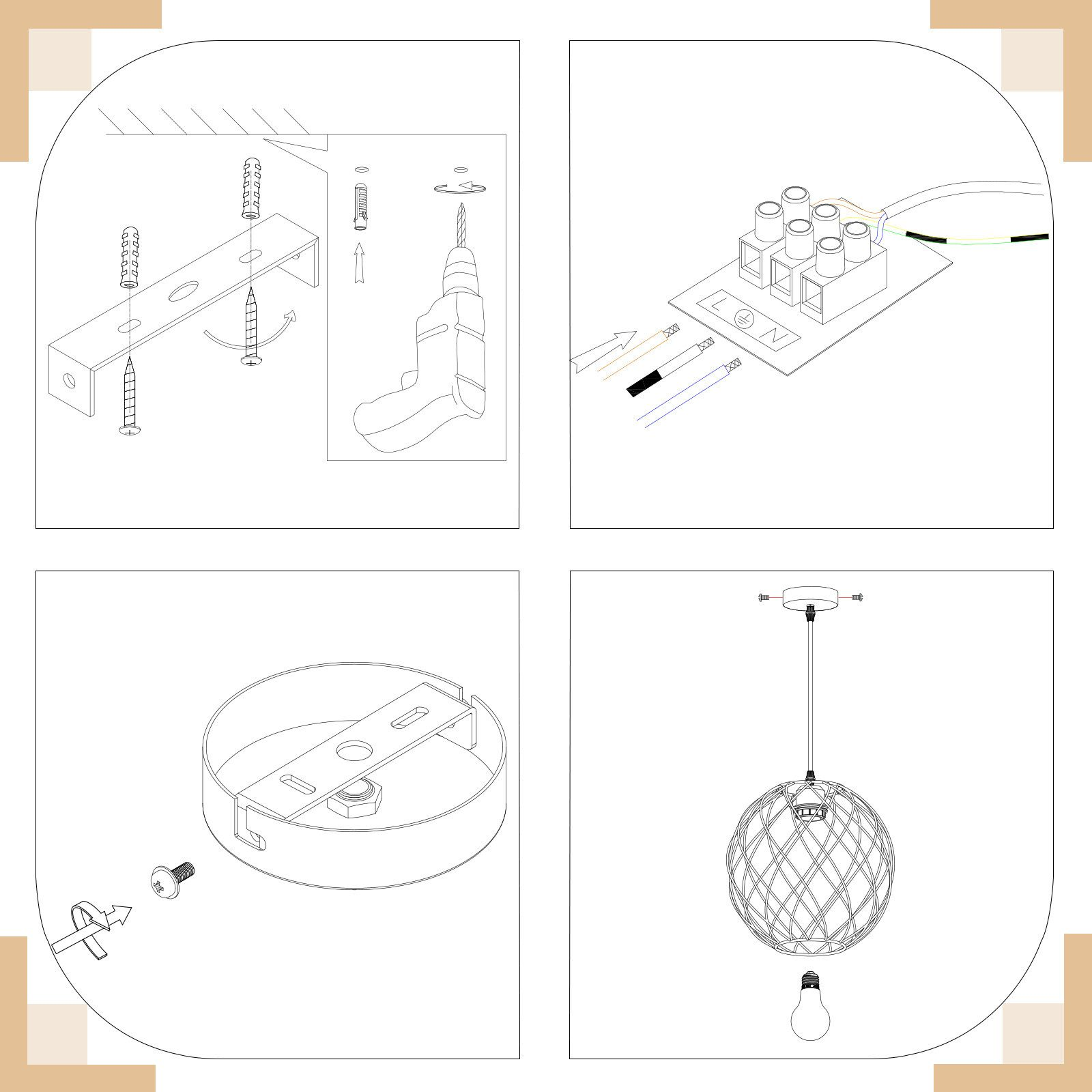 Schematische Darstellung der Installation einer Leuchte. Weißer Hintergrund.
