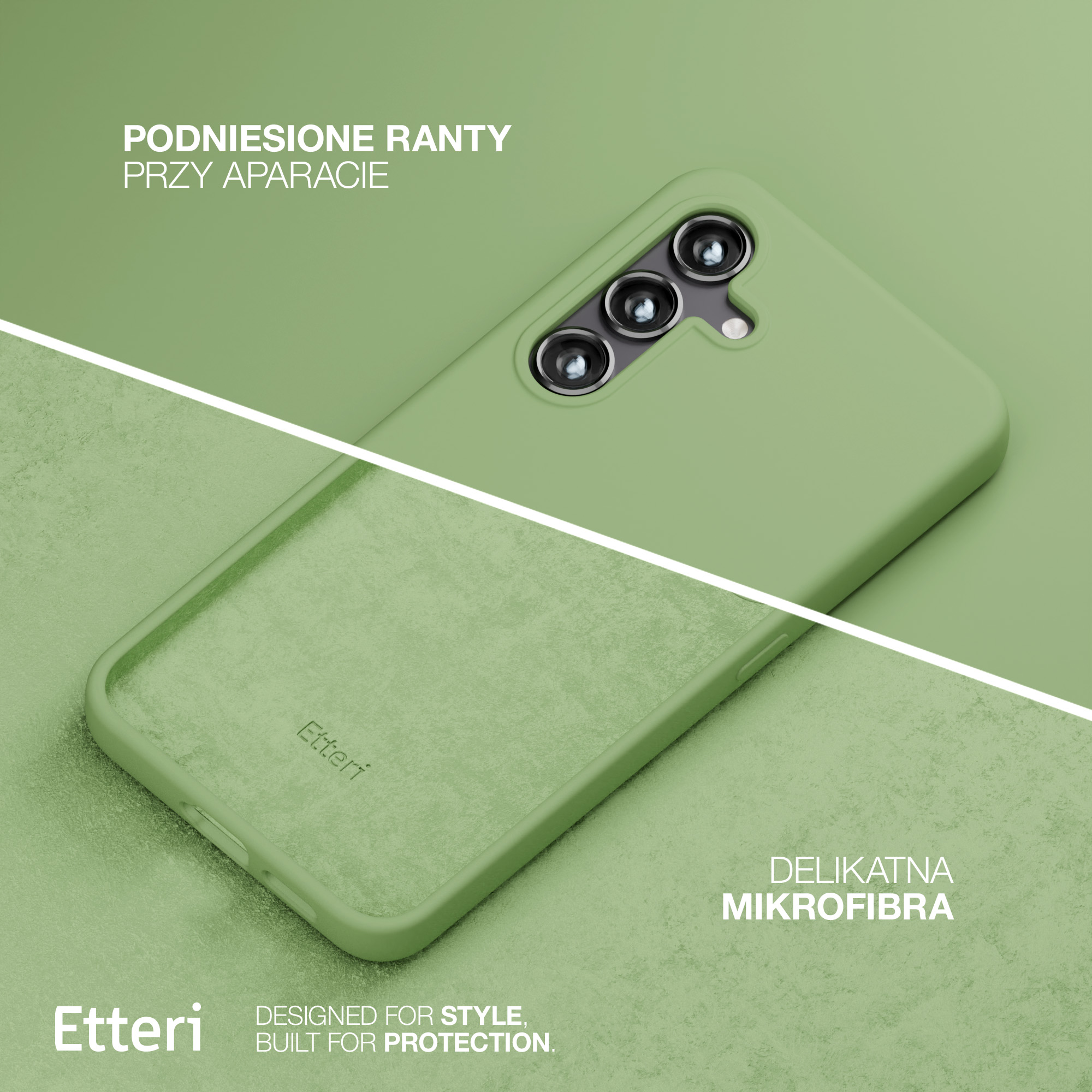 Una custodia verde per telefono con il logo Etteri. Ci sono tre fotocamere sul retro. Lo sfondo è verde.