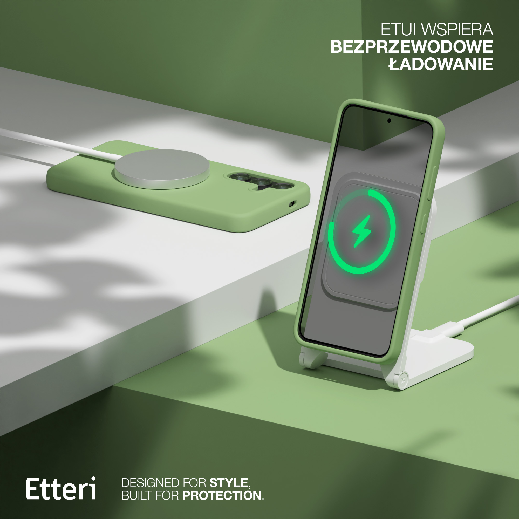 Caricatore wireless con telefono e custodia, schema di colori verde e bianco su superficie verde.