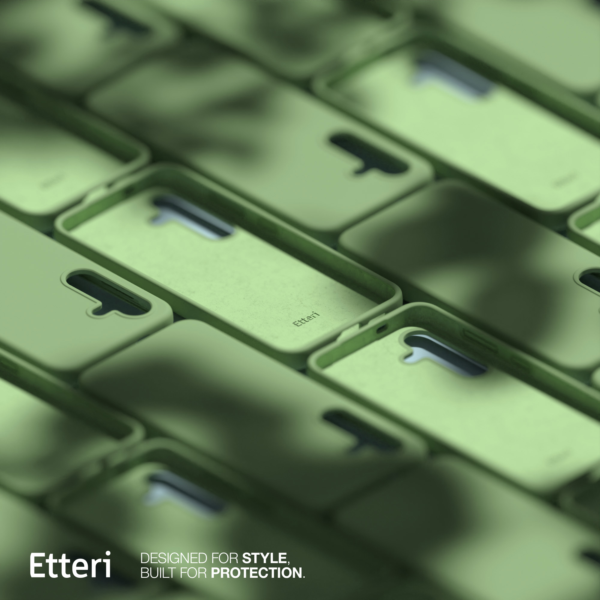 Un primo piano di molte custodie verdi per telefoni, alcune con il logo Etteri, progettate per la protezione.