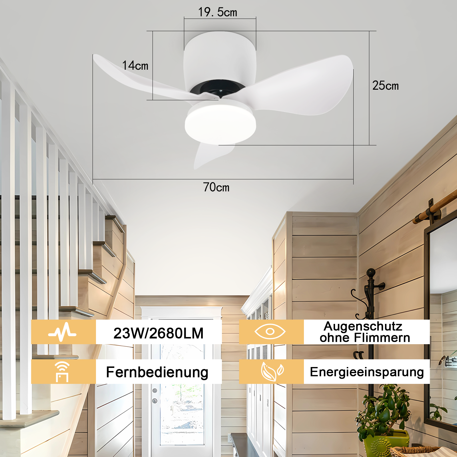 Wentylator sufitowy zainstalowany w pomieszczeniu z wymiarami i opisami tekstowymi.