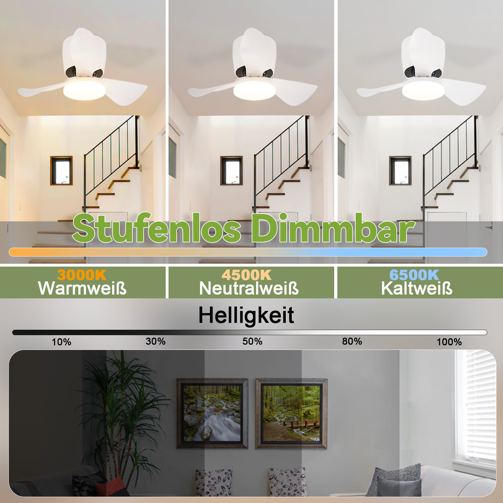 Trzy wentylatory sufitowe z różnymi ustawieniami światła i poziomami jasności. Tło to pokój.