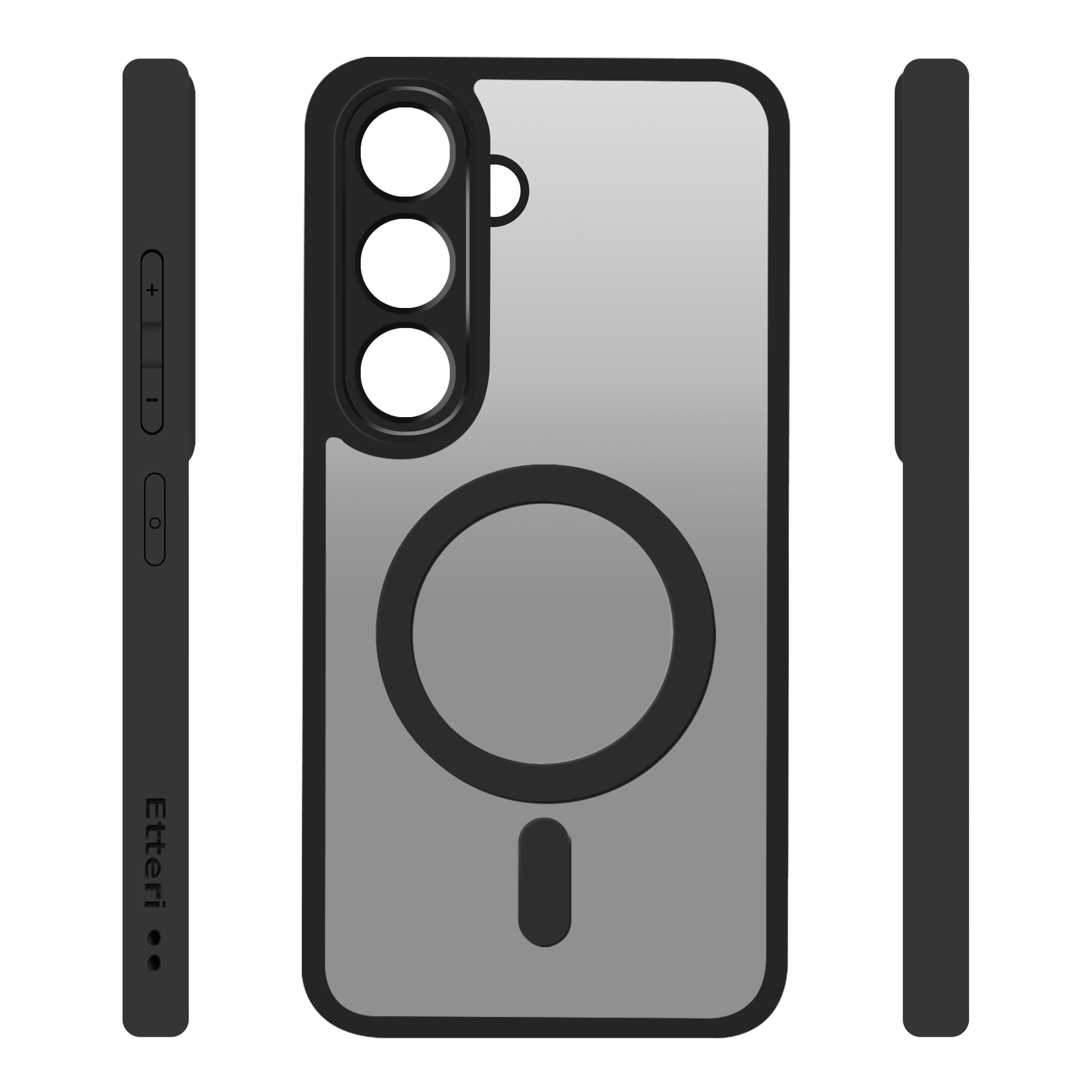 Vista a tre lati di una custodia per telefono. Cornice nera, retro argento con cerchio nero e pulsanti laterali. Marchio Etteri.