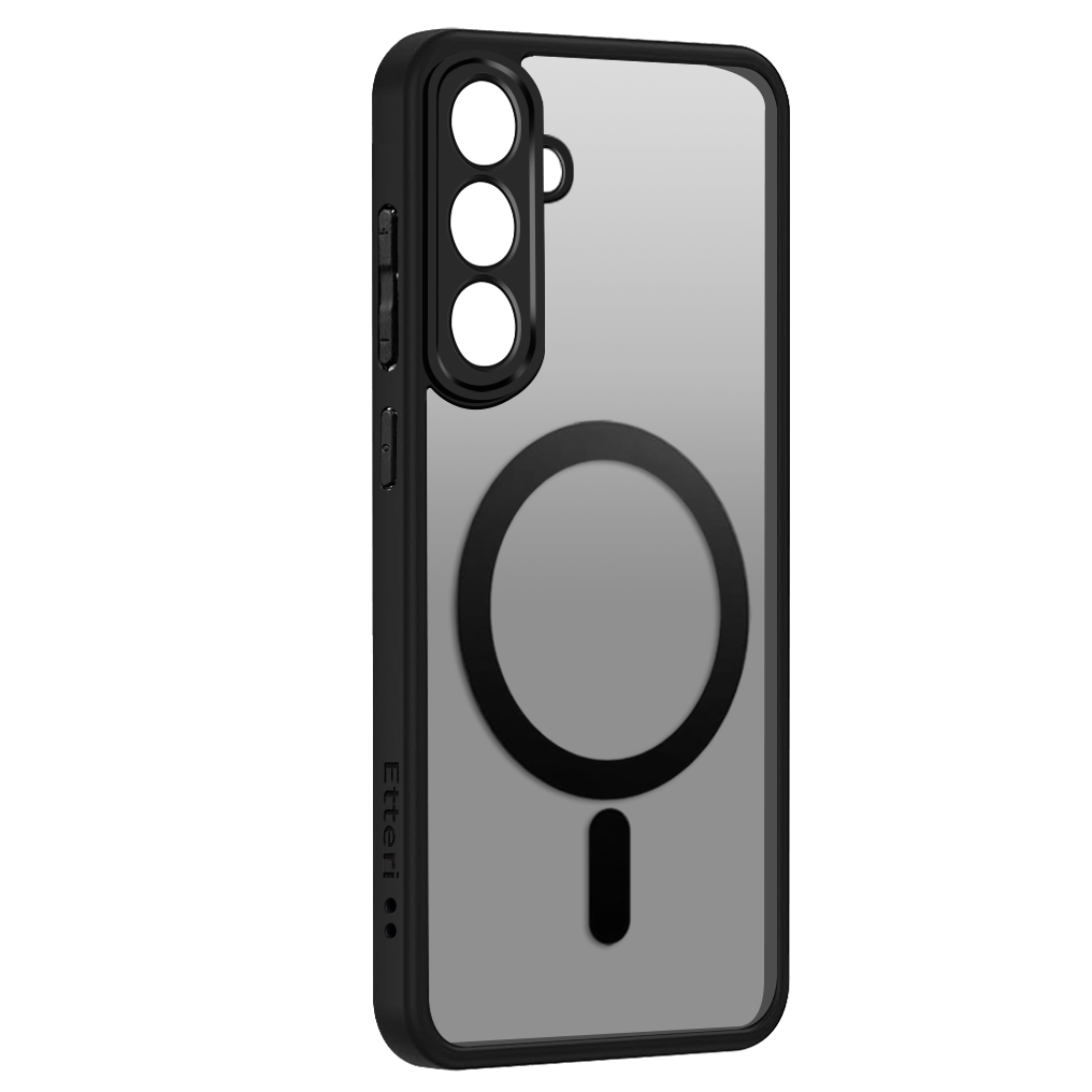 Una custodia nera per telefono con un anello magnetico nero. La custodia è un po' traslucida.