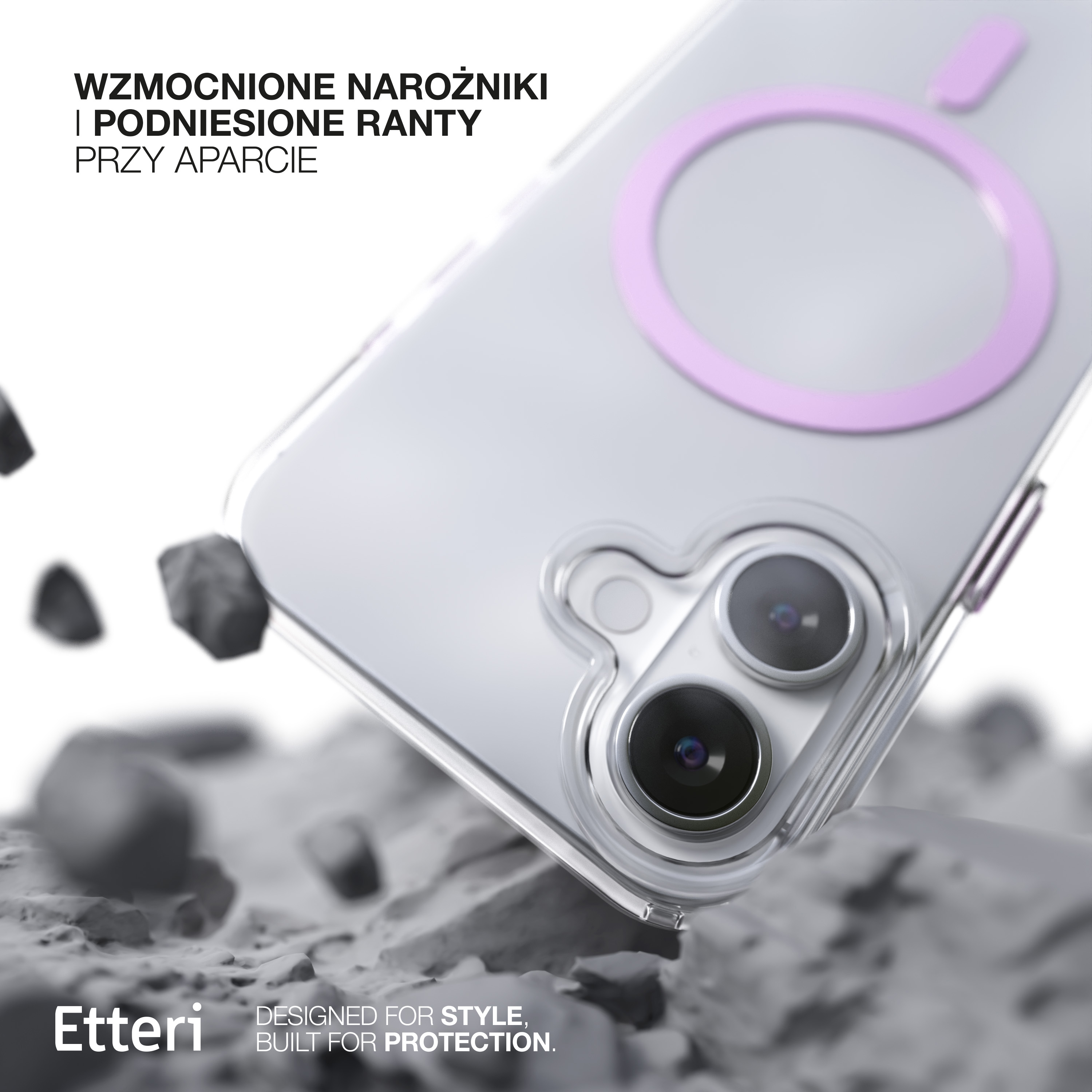 Primo piano sulla custodia del telefono con fotocamera e magnete circolare rosa. Testo in basso.