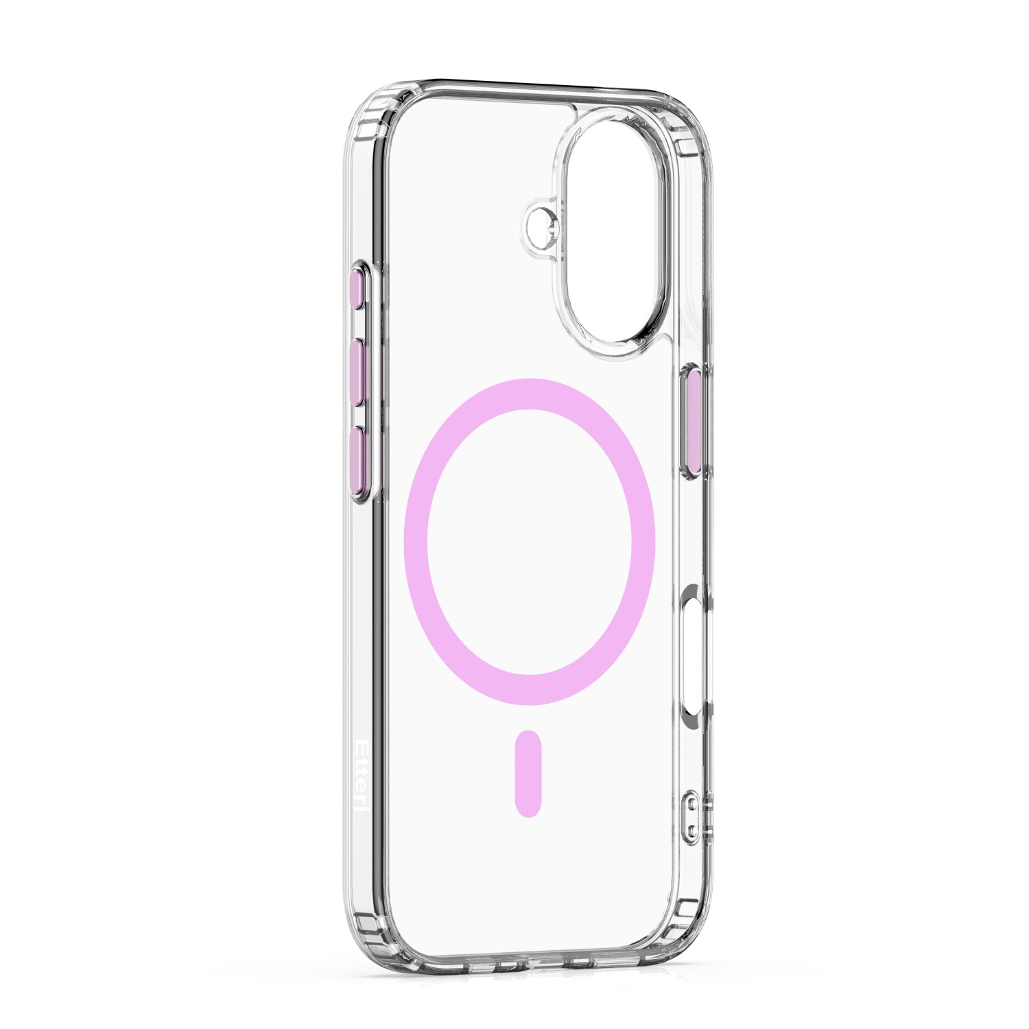 Custodia trasparente con cerchio e linea rosa sul retro. Sfondo bianco.