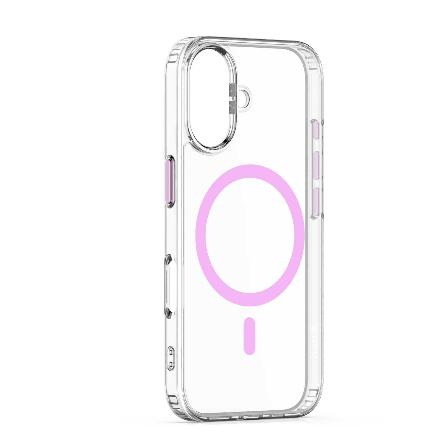 Custodia trasparente per telefono con un design MagSafe circolare rosa. La custodia ha copri pulsanti e un ritaglio per la fotocamera.