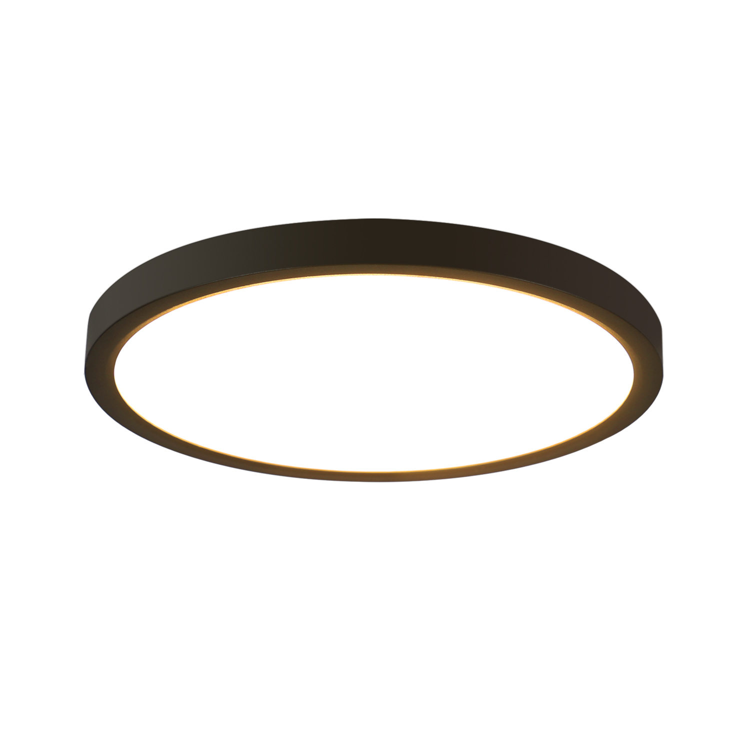 Czarna, okrągła lampa sufitowa z jasnym, białym światłem w środku.