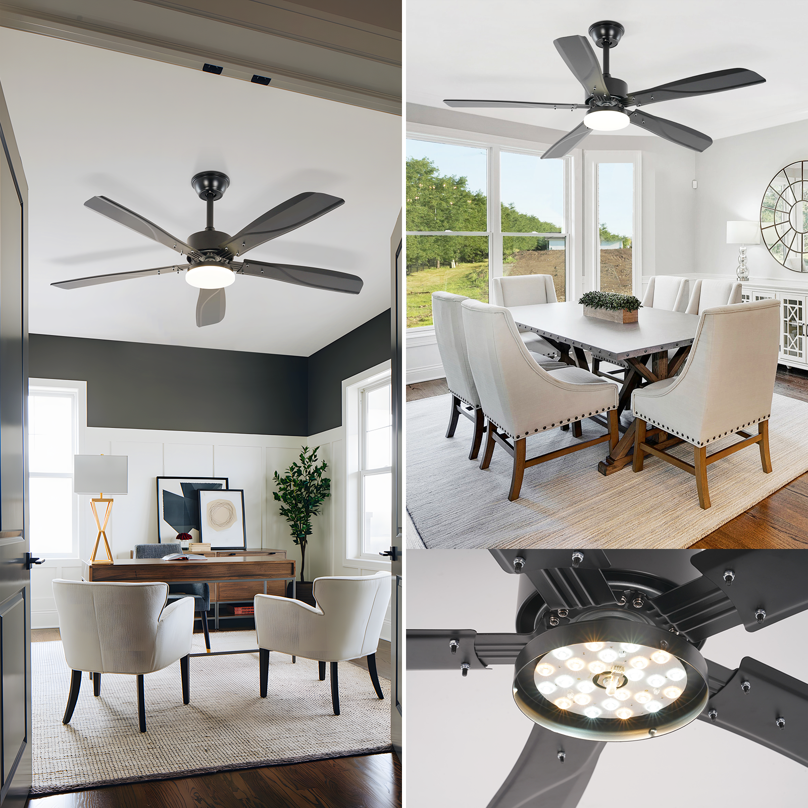 Wiele widoków ciemnego wentylatora sufitowego w salonie i biurze.