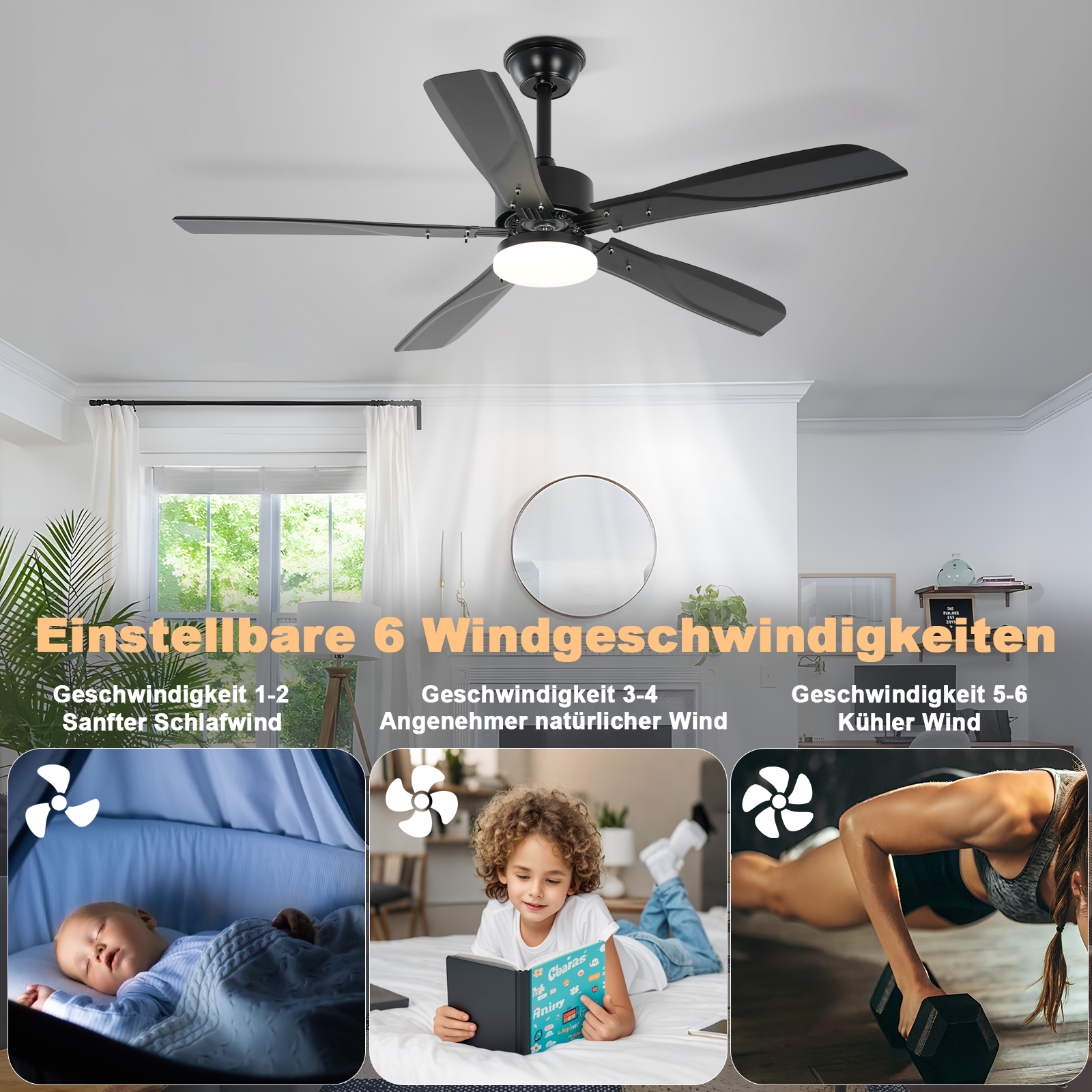 Czarny wentylator sufitowy z pięcioma łopatkami, centralnym światłem i ilustracjami pokazującymi prędkości wiatru.