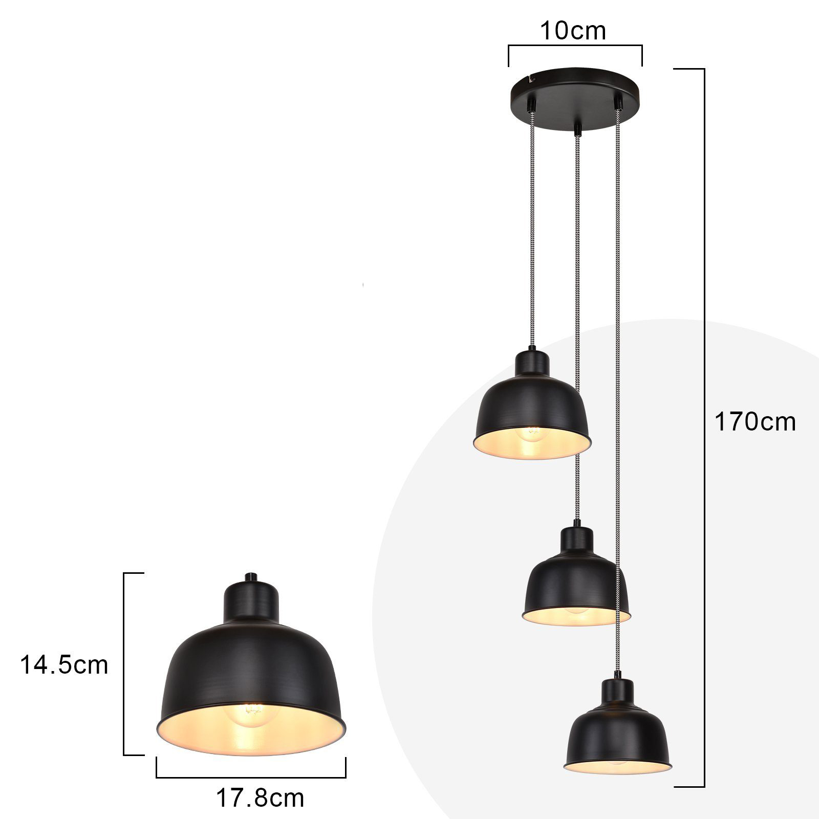 Drei schwarze Pendelleuchten mit schwarzem Sockel und Maßangaben, Maße in cm.