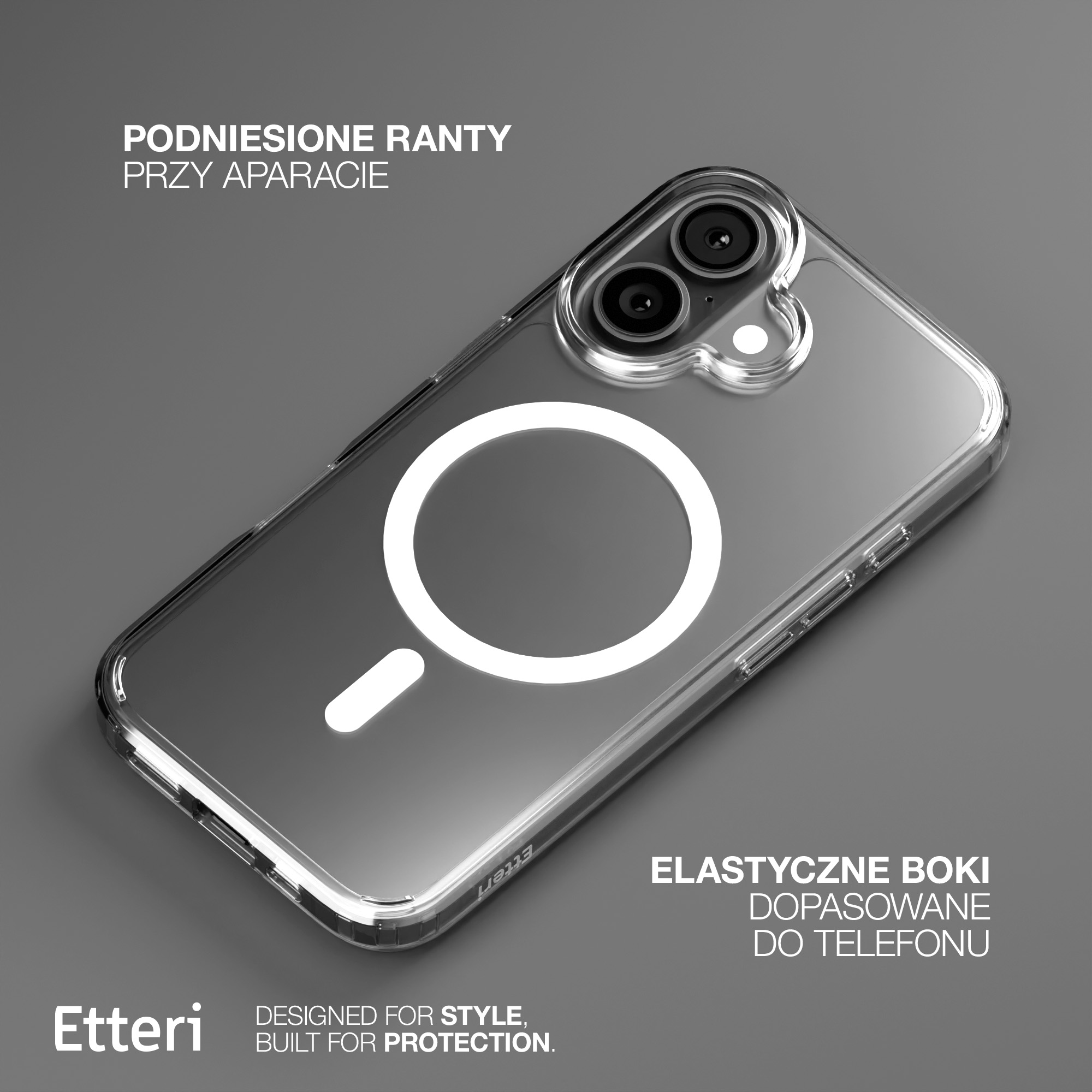 Przezroczyste etui na telefon z białym, okrągłym wzorem MagSafe i marką Etteri.