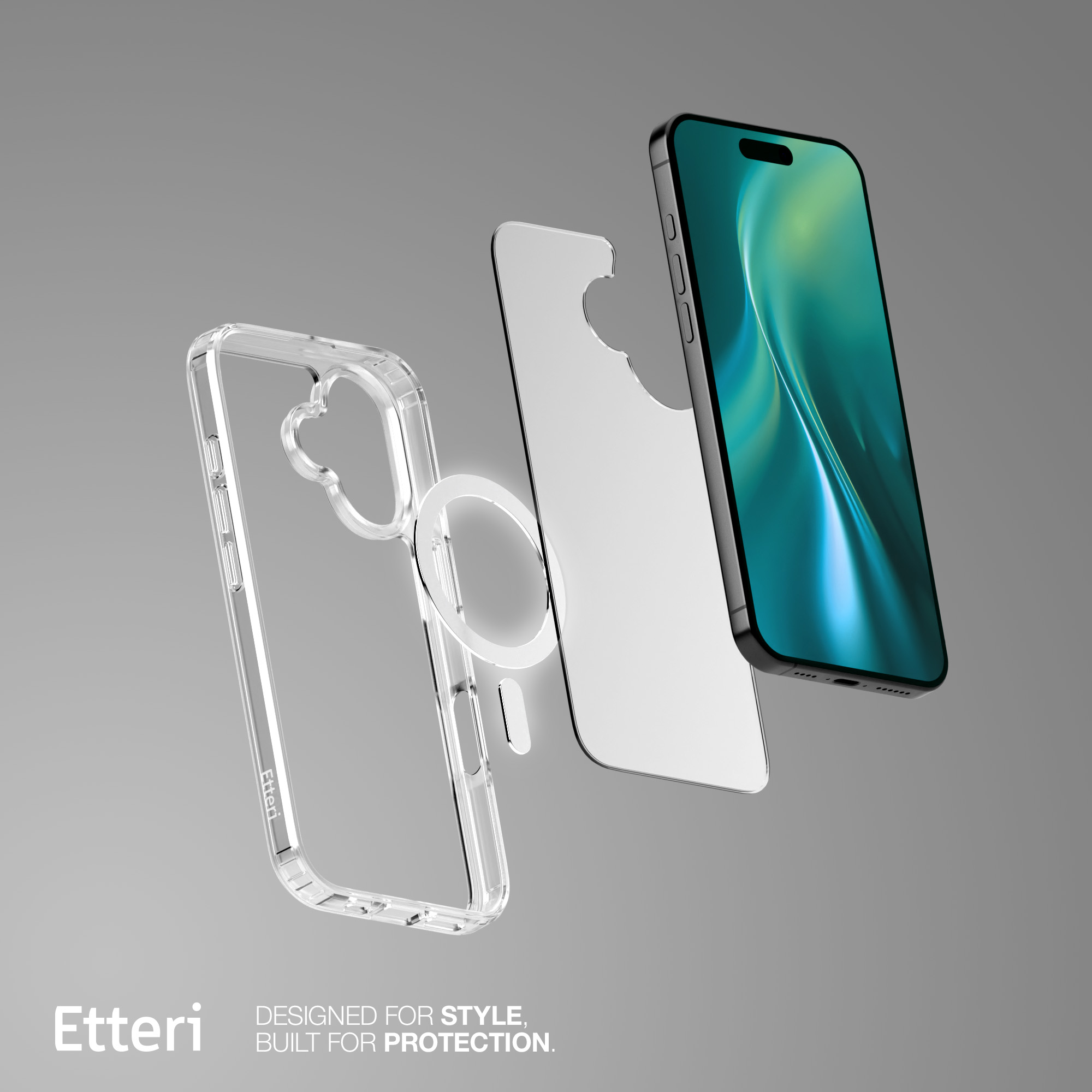 Elementy etui na telefon: przezroczyste etui, pierścień magnetyczny i telefon. Szare tło.