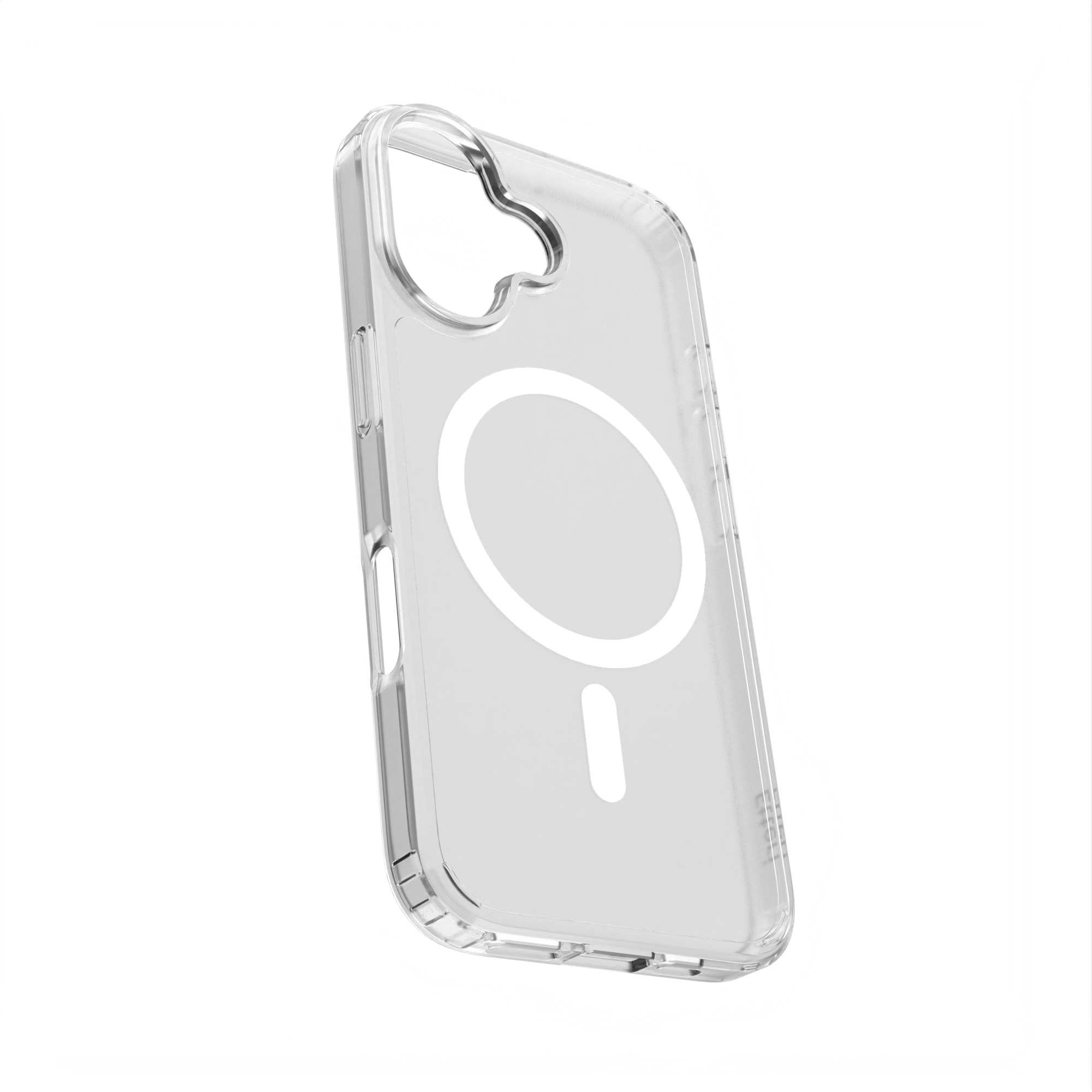 Przezroczyste etui na telefon z białym pierścieniem MagSafe. Białe tło.