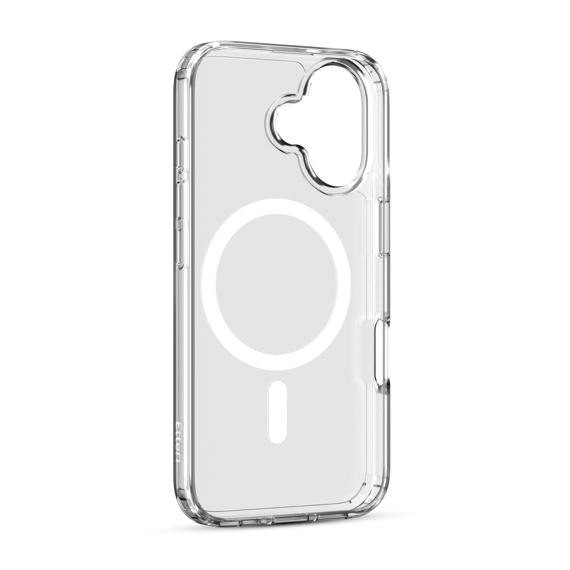 Przezroczyste etui na telefon. Obudowa pokazuje okrąg z małym kółkiem w środku.