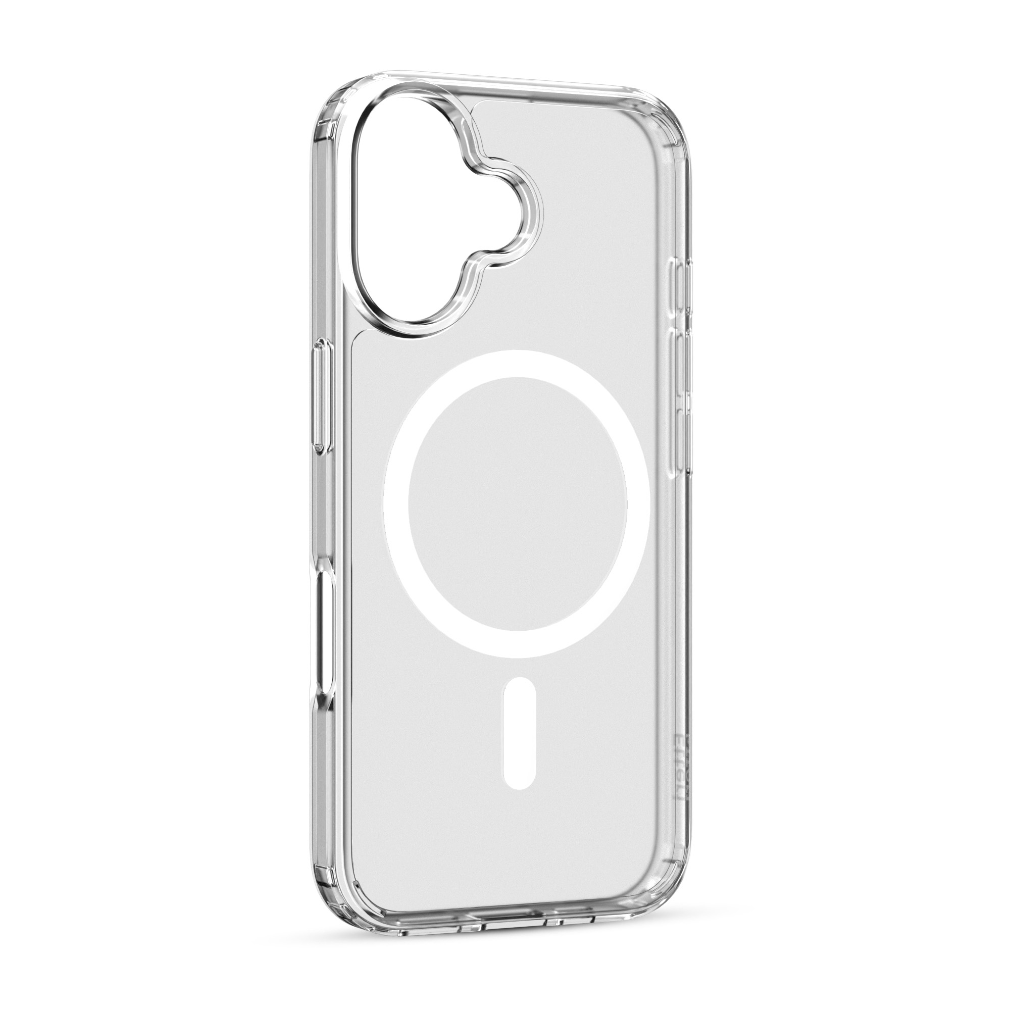 Przezroczyste etui na iPhone z białym okręgiem i wycięciem na aparat.