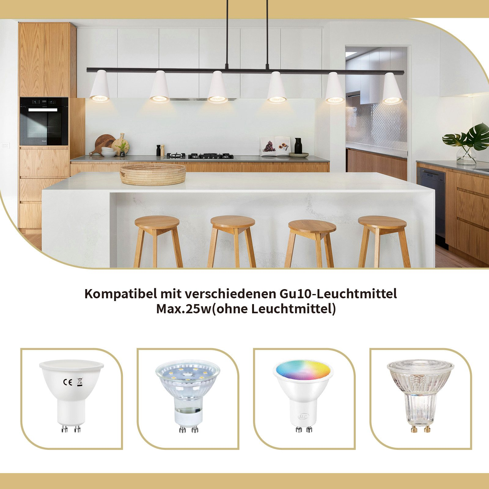 Kuchnia z białą wyspą i lampami wiszącymi. Pokazano cztery różne style żarówek.