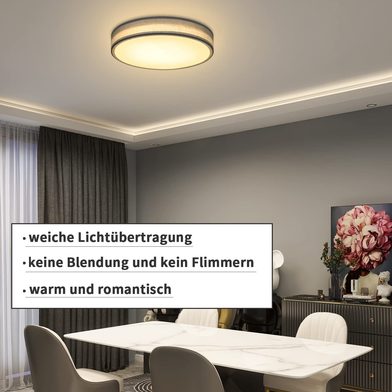 Eine runde Deckenleuchte. Text im Bild beschreibt Lichtübertragung und Wärme.