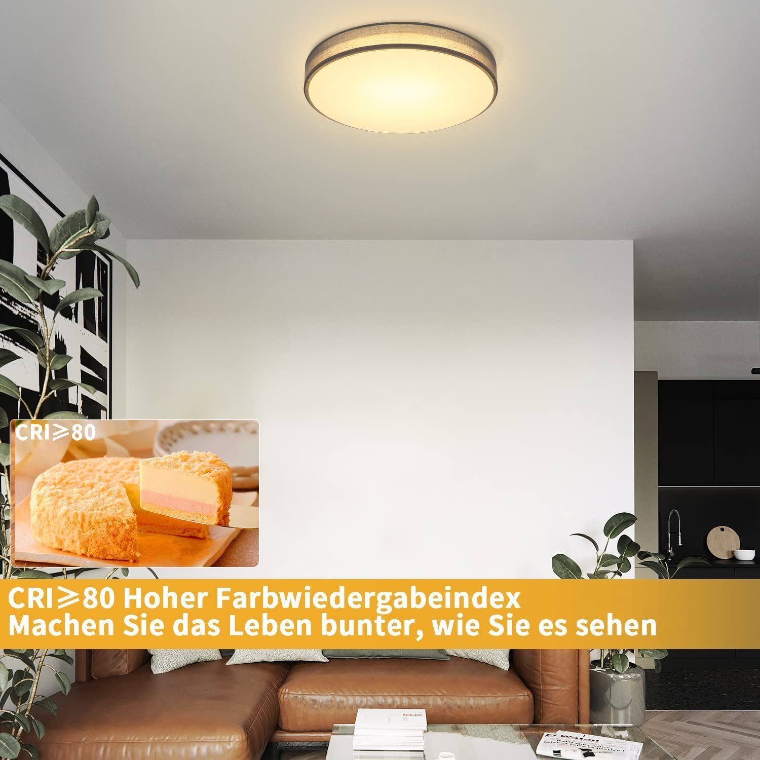Eine Deckenleuchte mit weißem Schirm und Text-Overlay auf Deutsch.