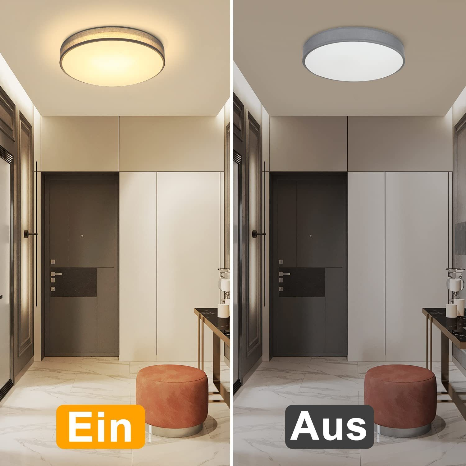 Flur mit Deckenleuchte, die zwei Beleuchtungsmodi zeigt, warm und kühl.