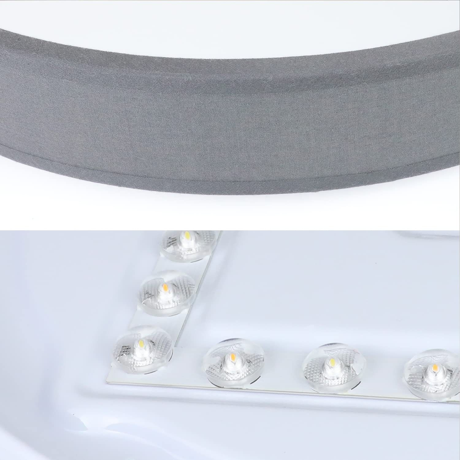 Nahaufnahme eines grauen, stoffbezogenen Objekts mit LED-Leuchten darunter auf einer weißen Oberfläche.
