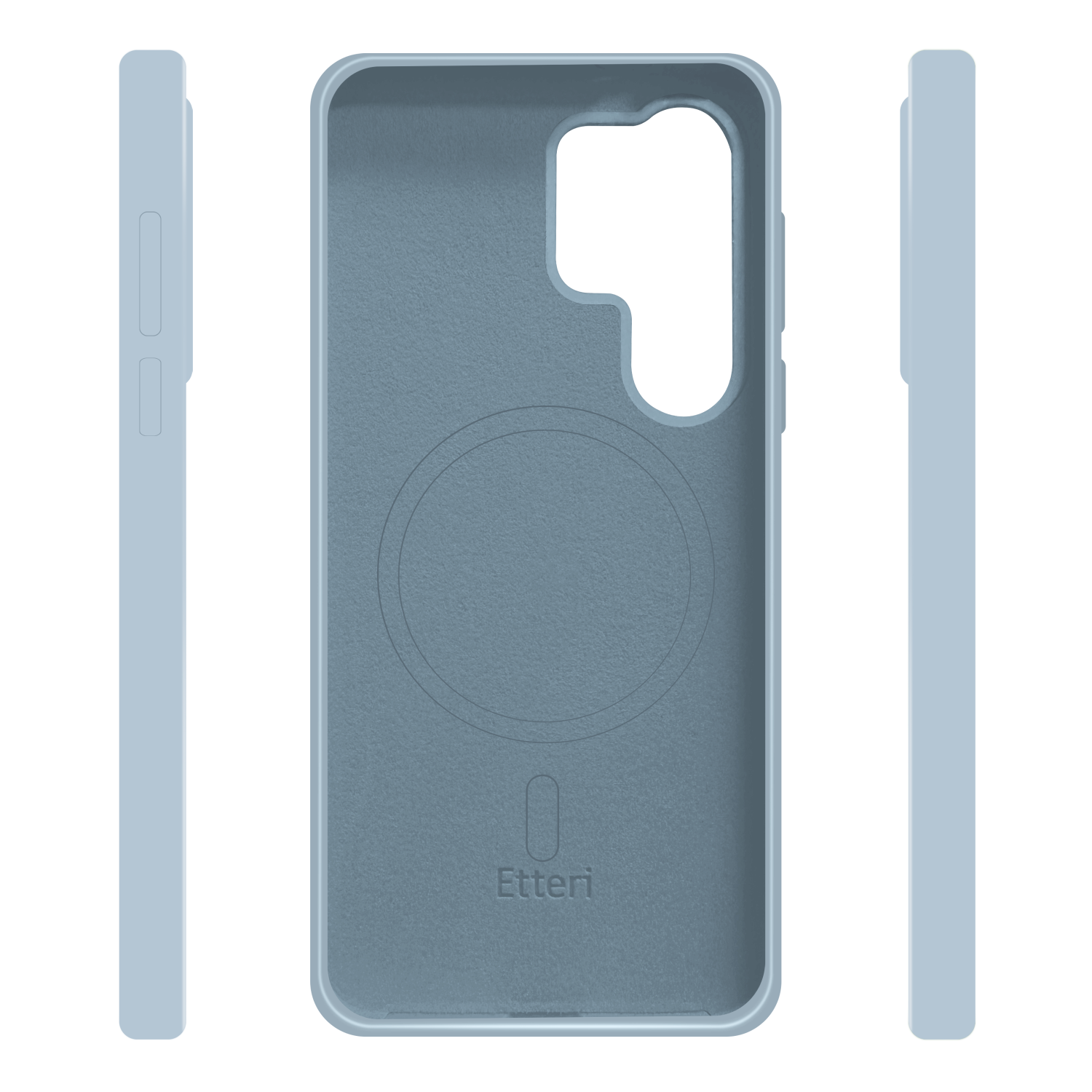 Custodia per telefono azzurra con tre viste, inclusi lato e retro, su sfondo bianco.