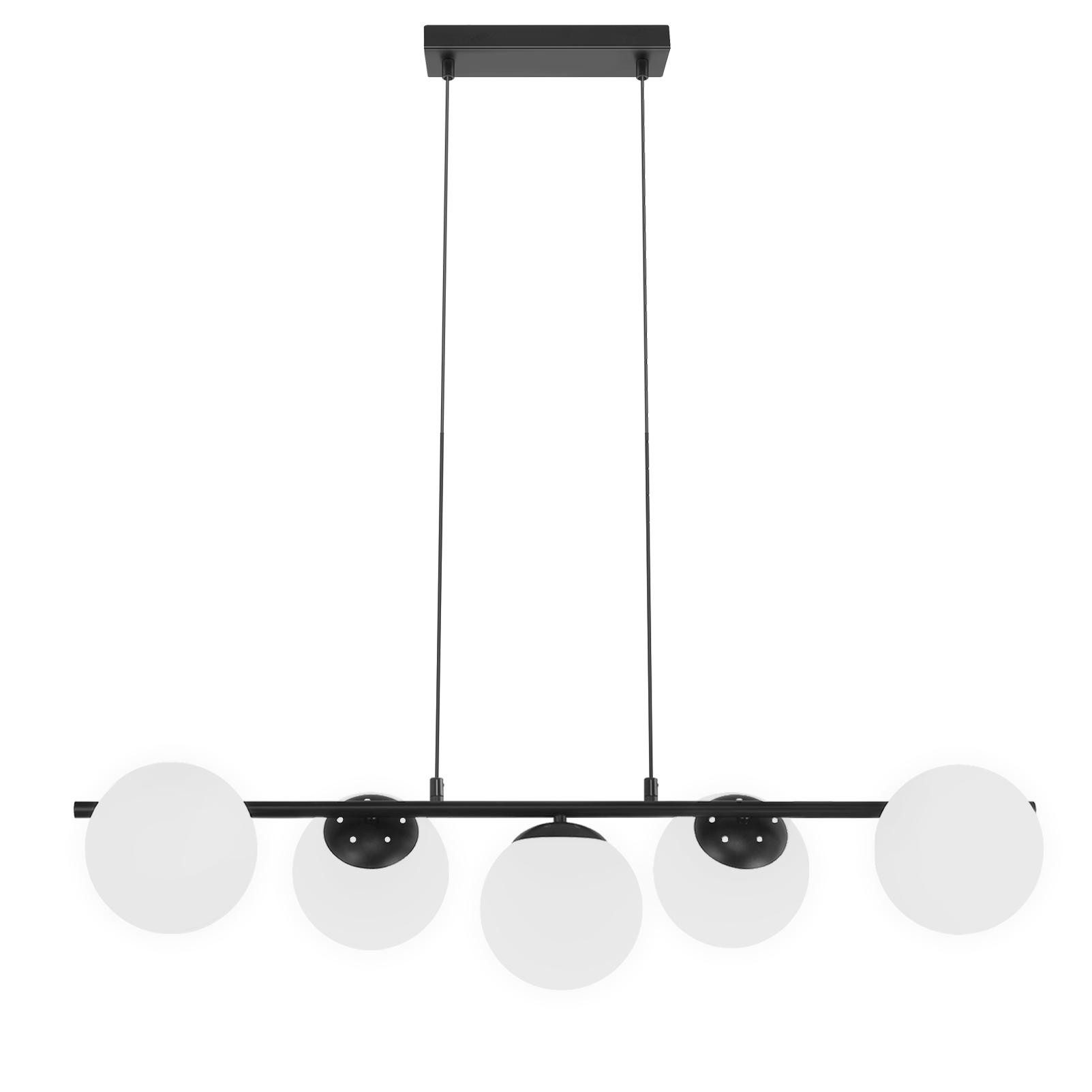 Lampada da soffitto nera con cinque luci a globo bianche.