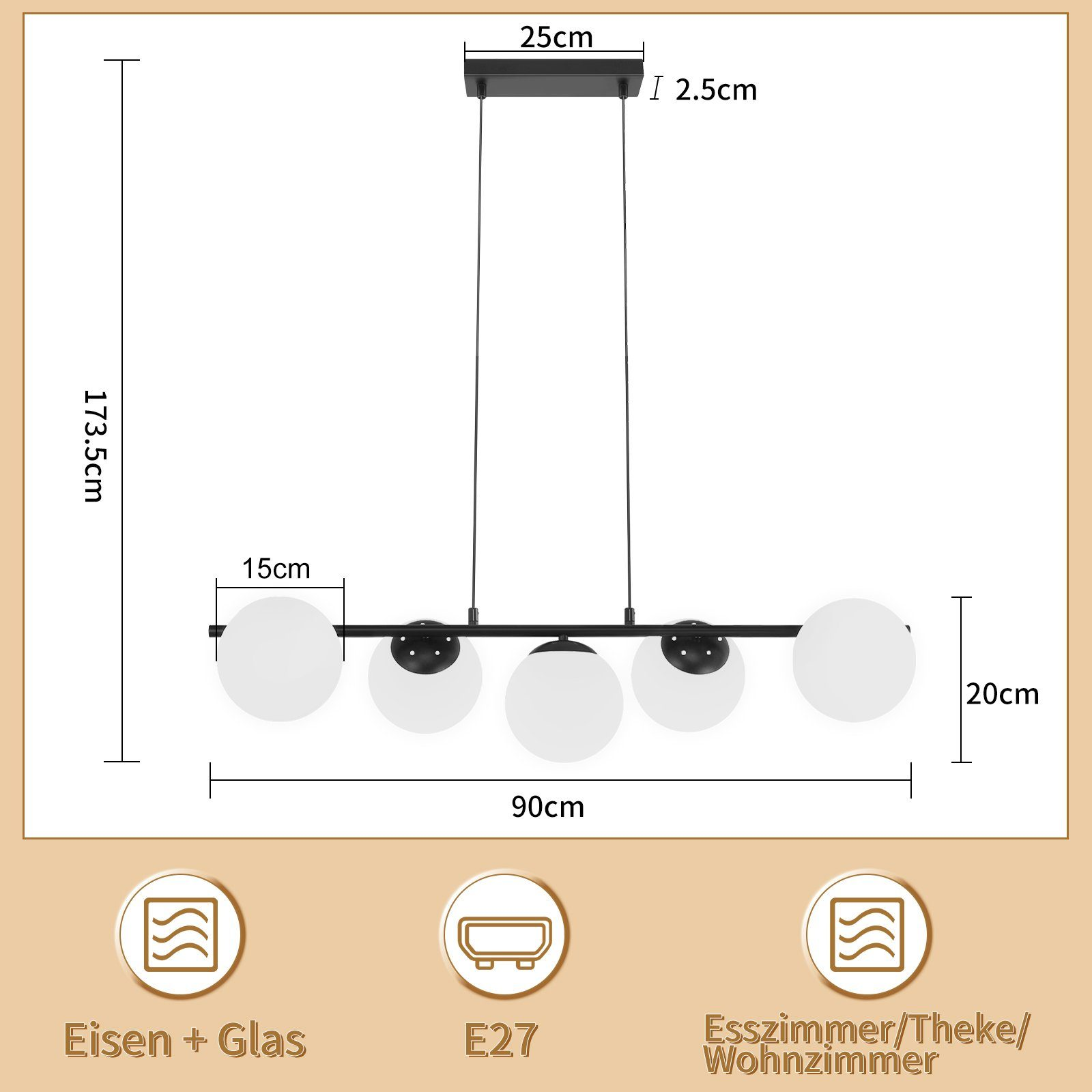 Lampadario moderno con cinque globi bianchi e dimensioni. Sfondo bianco.