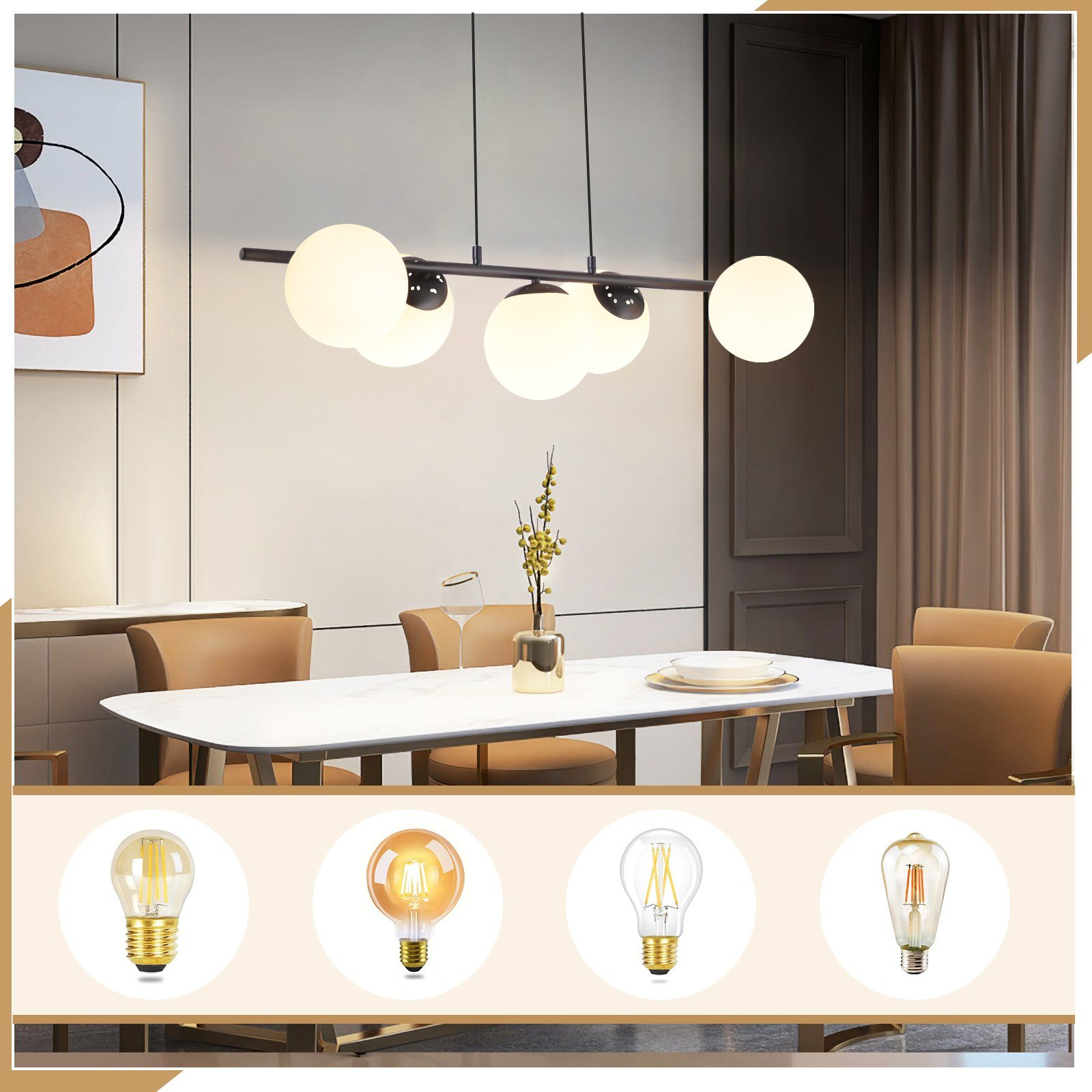 Una moderna sala da pranzo con tavolo bianco, sedie e lampade a sospensione con vari stili di lampadine esposti sotto.