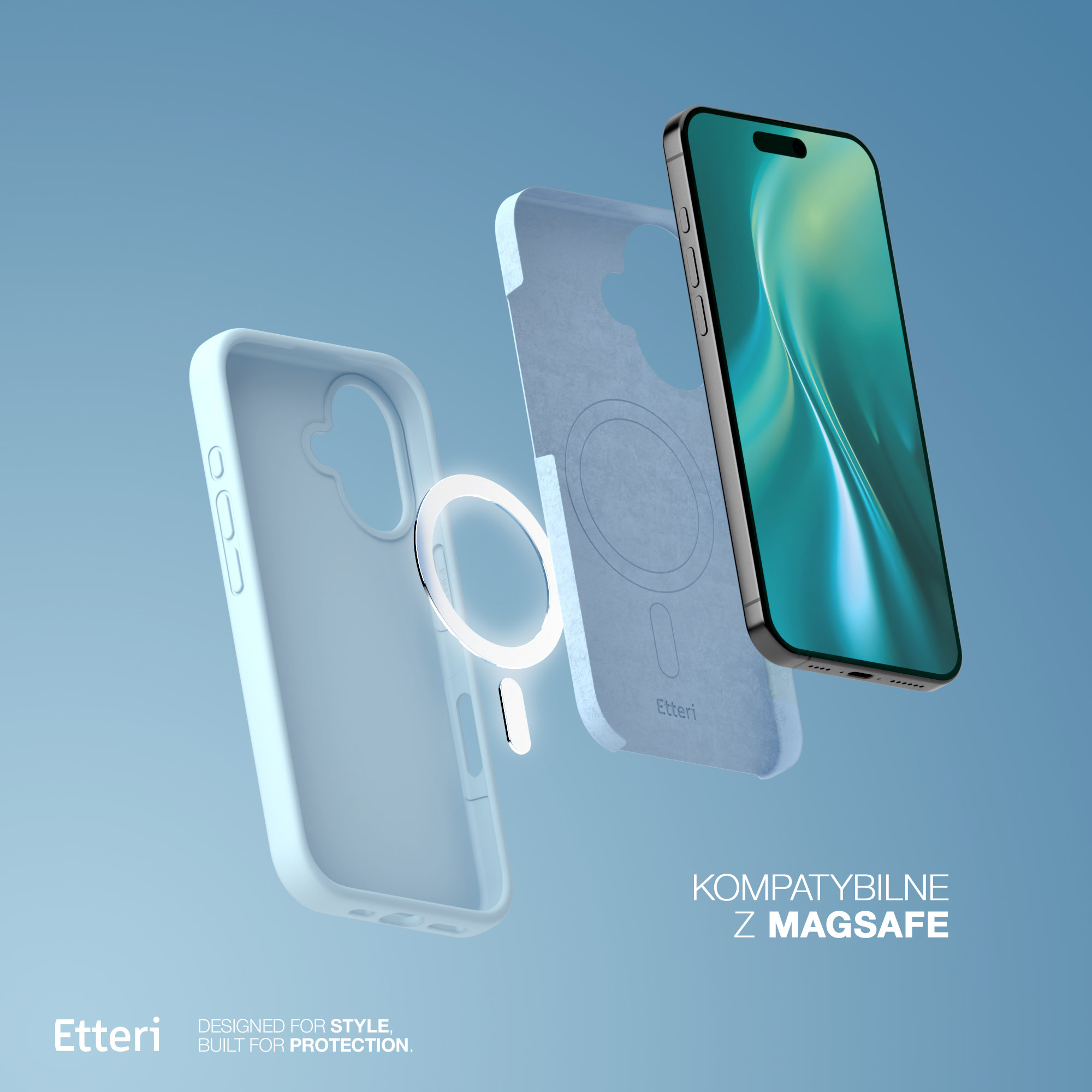 Telefon i etui z Magsafe. Etui składa się z trzech części, pokazujących telefon, etui i pierścień Magsafe.