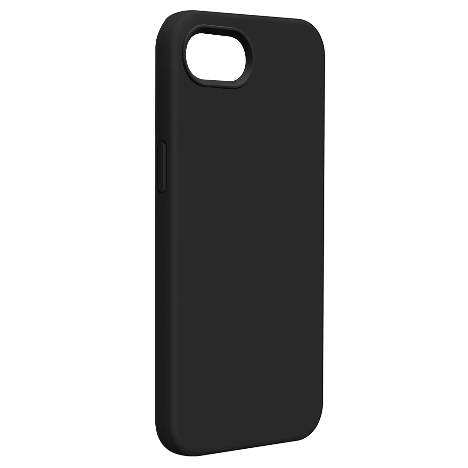 Una custodia nera per telefono con ritaglio per la fotocamera e un pulsante laterale. Design semplice ed elegante.