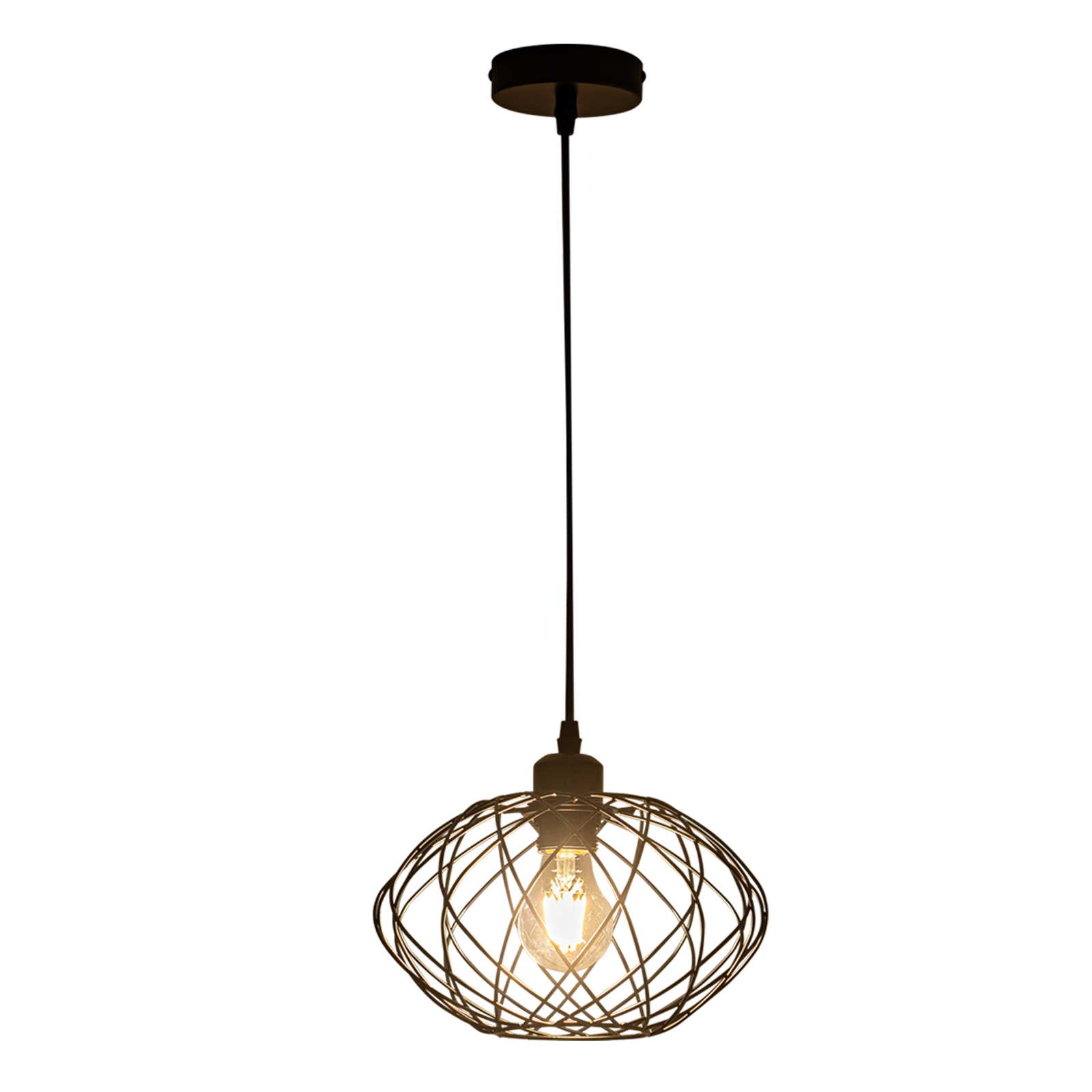 Czarna metalowa lampa wisząca z kloszem z drucianej klatki, w której znajduje się widoczna żarówka, zwisająca z białego sufitu.