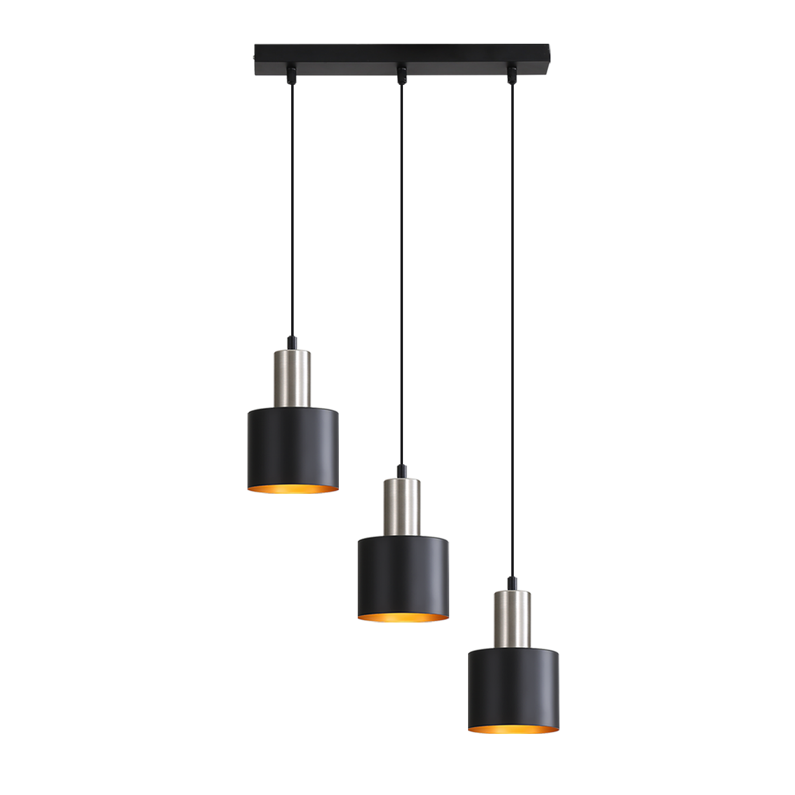 Drei Pendelleuchten mit schwarz-silbernem Design hängen vor weißem Hintergrund.