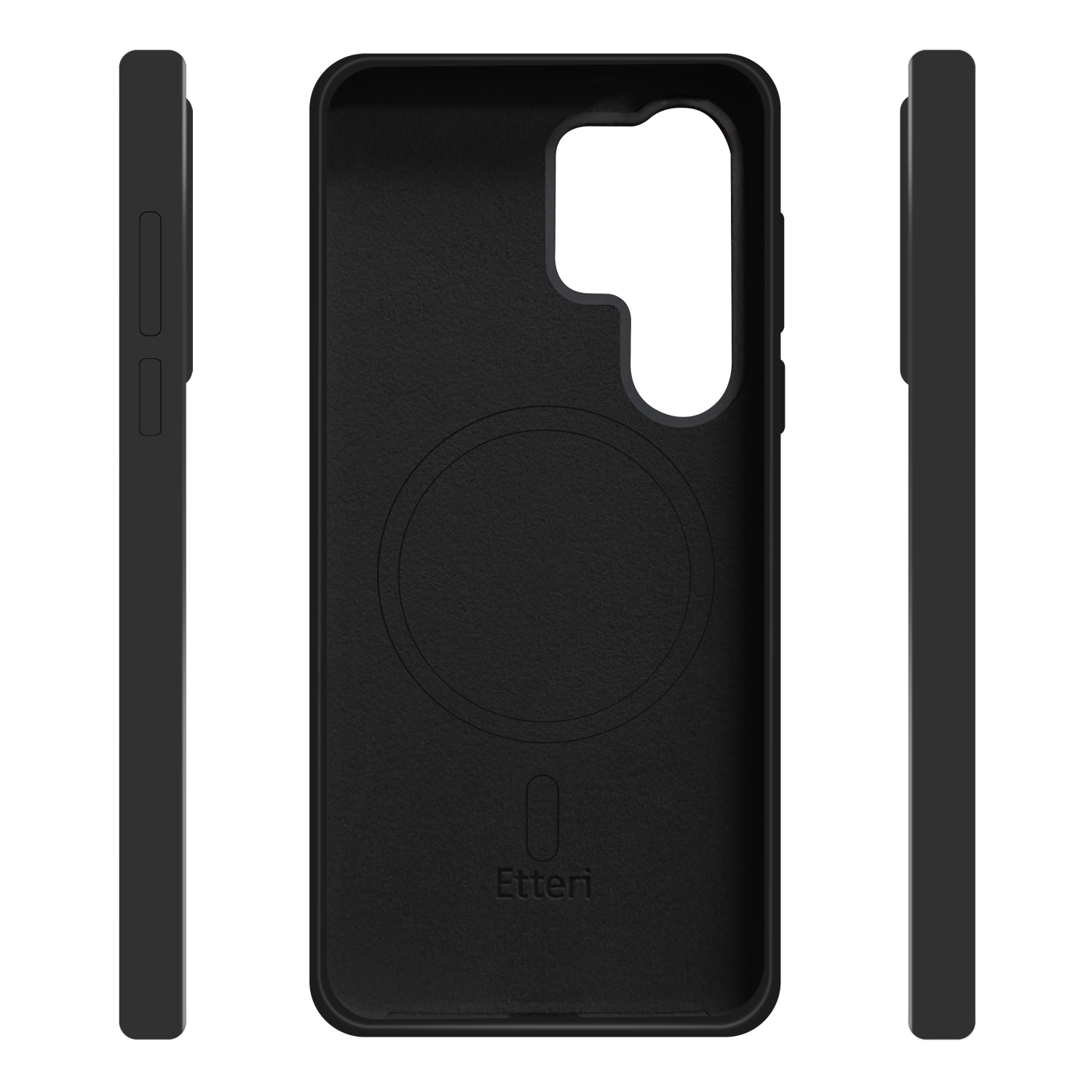 Tre viste di una custodia per telefono nera con un'area magnetica rotonda.