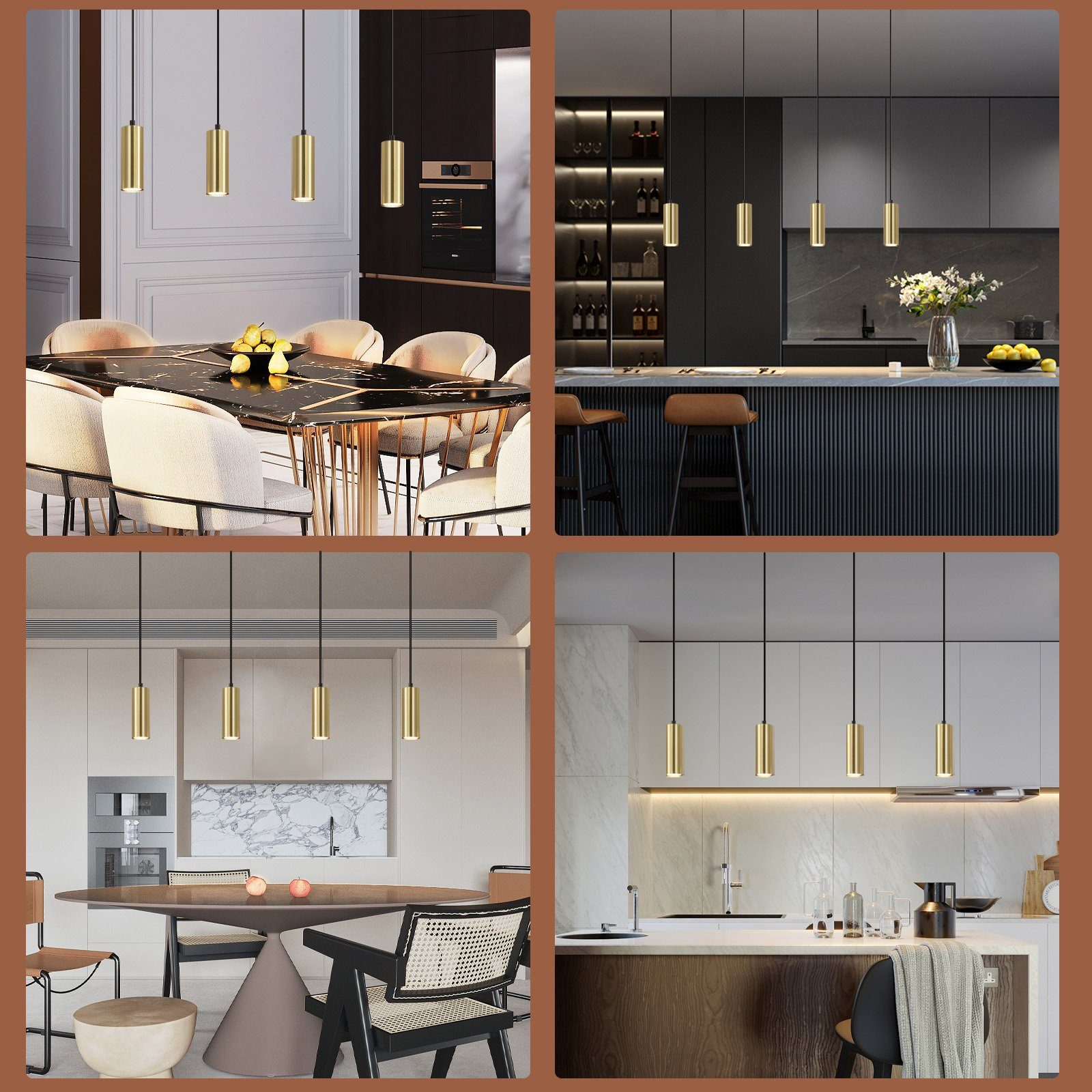 Quattro immagini di lampade a sospensione appese in diverse stanze con decorazioni diverse.