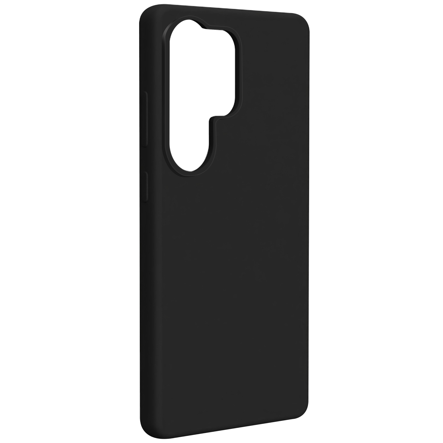 Custodia nera per telefono con ritaglio per fotocamera. È una vista laterale.