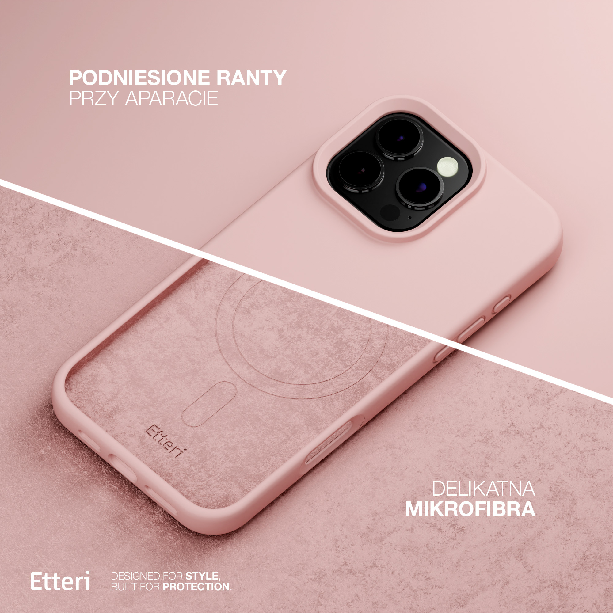 Custodia rosa per telefono con bordo rialzato della fotocamera e interno in microfibra.