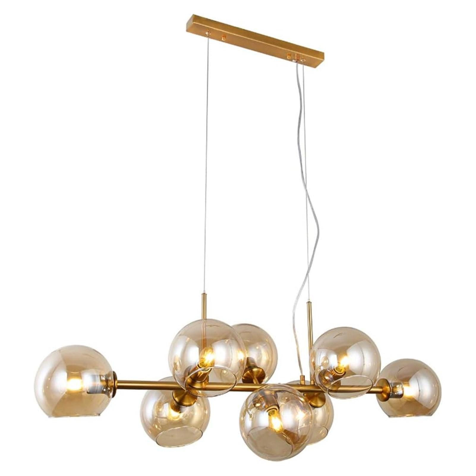 Ein goldfarbener Kronleuchter mit mehreren kugelförmigen Glaslampen, die von der Decke hängen.